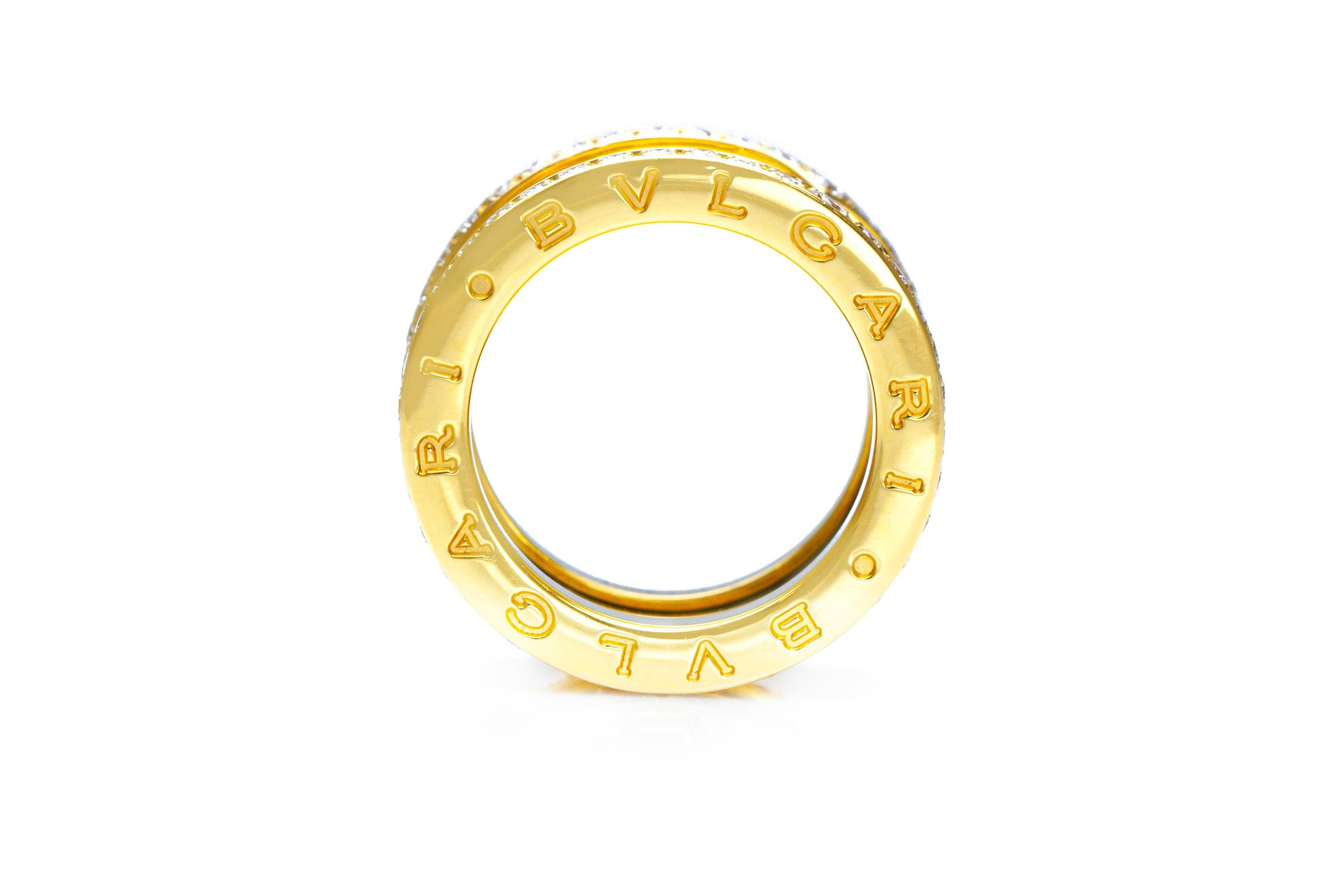 Bvlgari B. Zero 1 ring finely crafted in 18K yellow gold.
The four-band ring is set with pavé diamonds on the edges weighing an approximate of 0.80CT.
