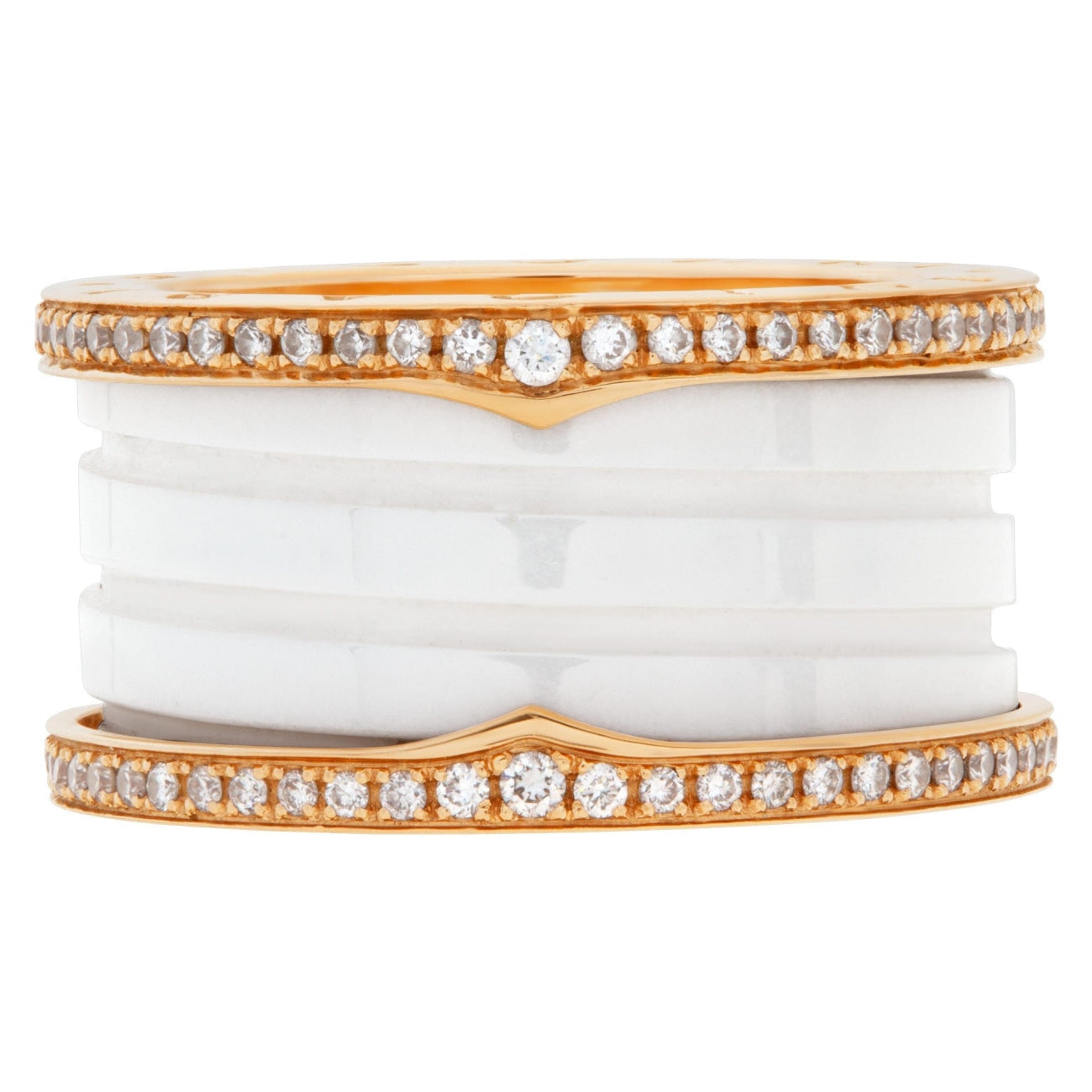Bvlgari B.zero1 ring in 18k rose gold with diamonds & white ceramic.
Size 51
12mm width.

Ref:349966