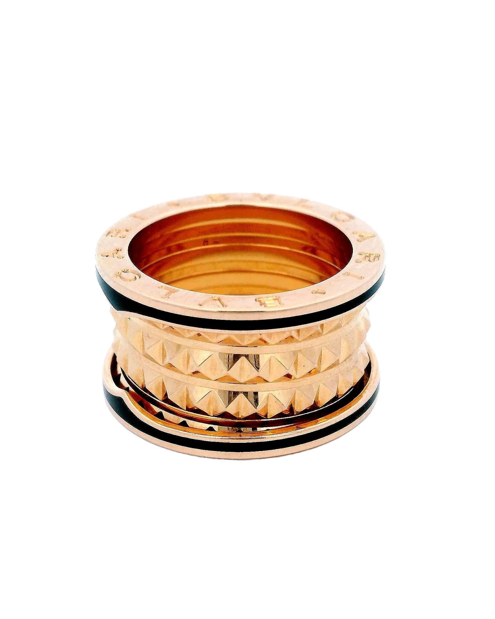 Women's or Men's Bvlgari B-Zero 18K Rose Gold & Black Enamel Edge Spikes inside Ring For Sale