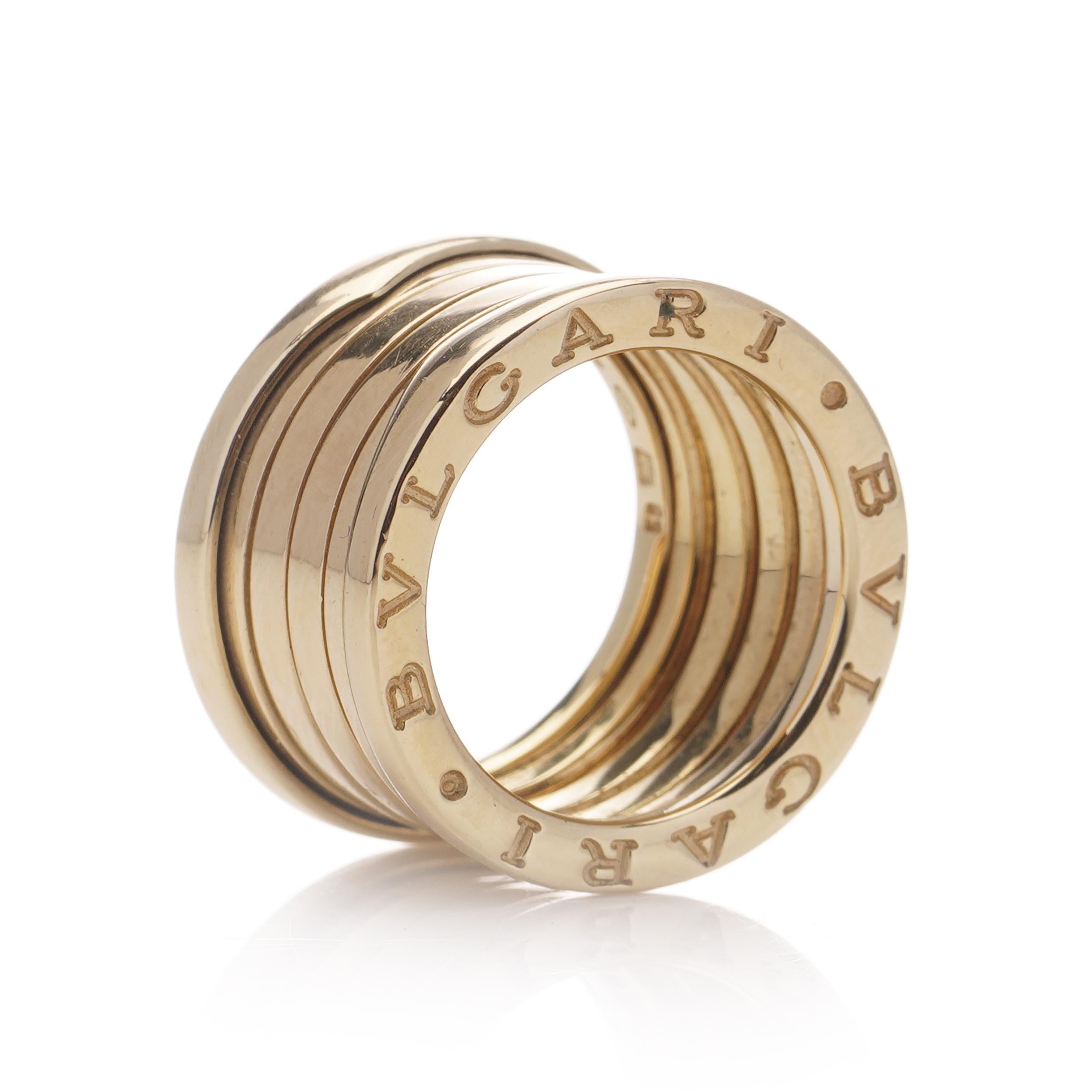 Bvlgari B. Zero1 18kt yellow gold band ring.
Made in Italy, Circa 1990's
Fully hallmarked.

Dimensions -
Finger Size : (UK) = J (US) = 5 (EU) = 50
Diameter x Width: 2.2 x 1.2 cm
Weight : 12 grams

Condition: Pre-owned, minor wear from general usage,