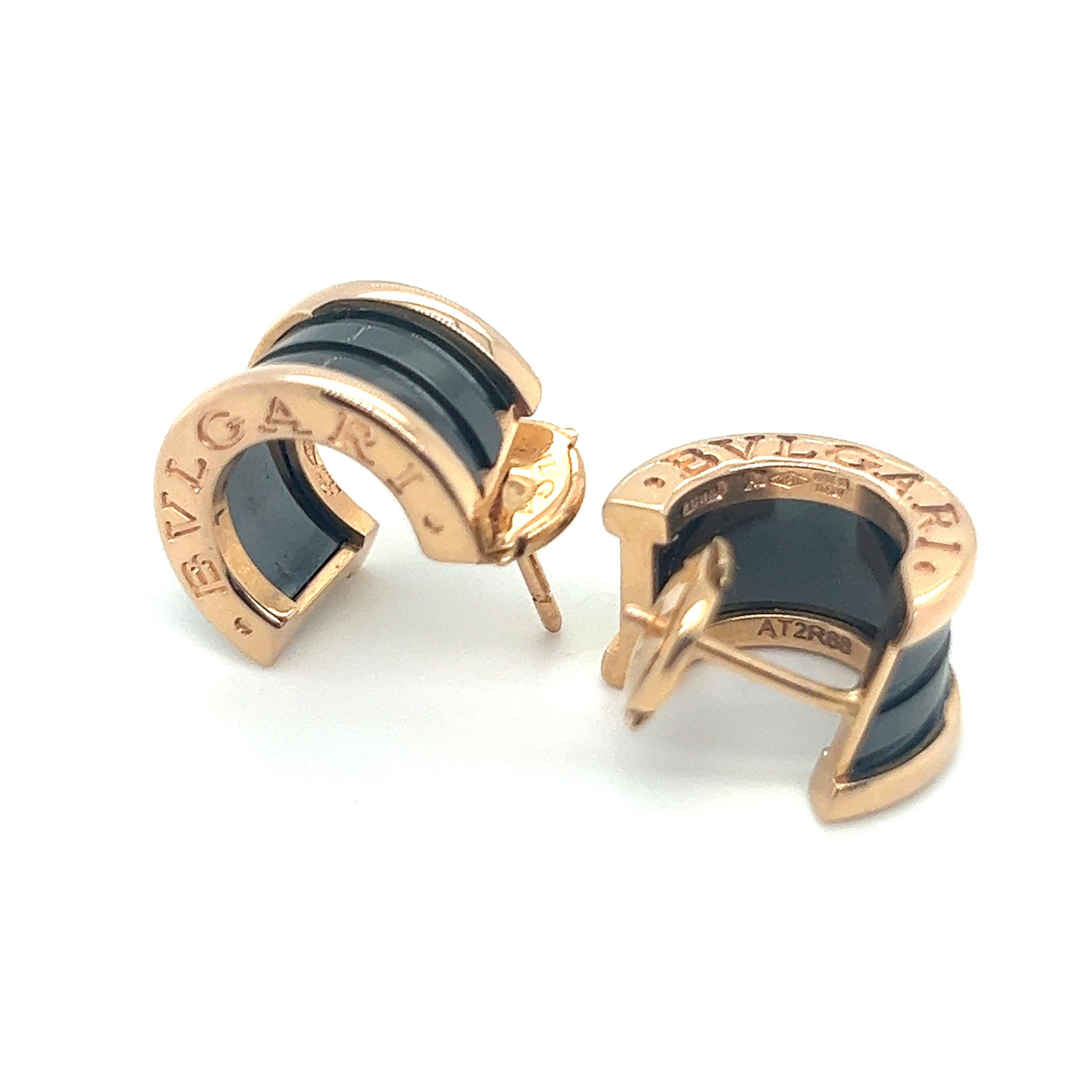 Bulgari B-Zero rose gold with black ceramic, these contemporary earrings are a classic must have for and Bvlgari collector. 

The earrings draw their inspiration from the most renowned amphitheater of the world, the Colosseum, the B.zero1 earrings