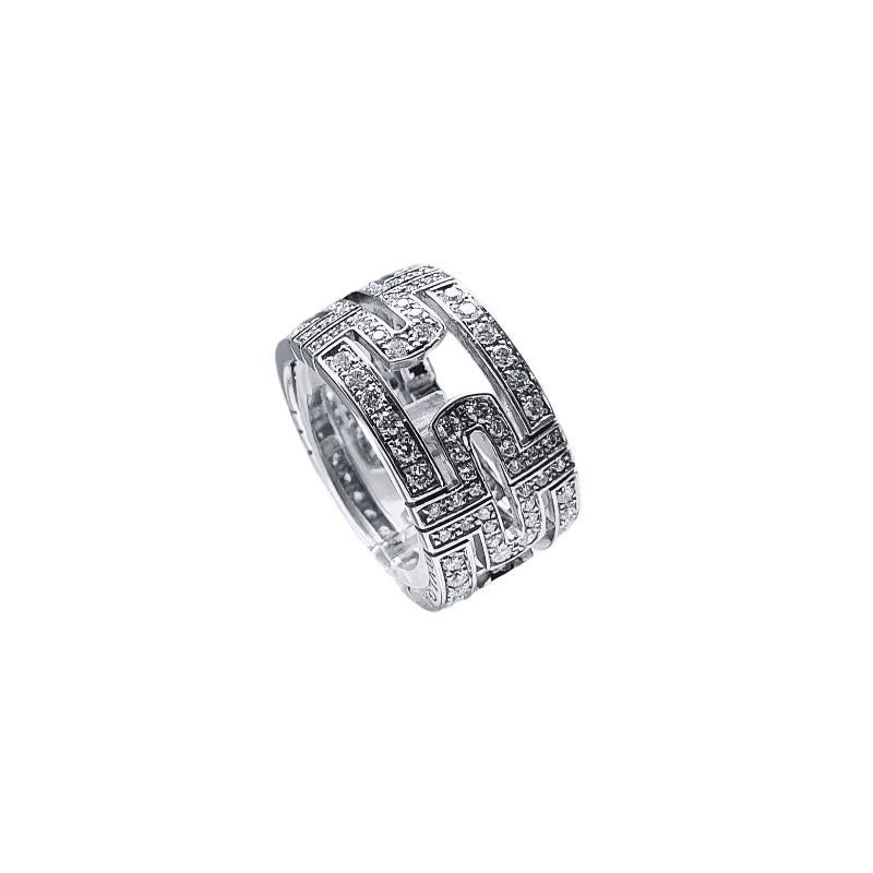 The Bvlgari Parentesi Openwork Ring is a true masterpiece of jewelry design. Made from 18k white gold and adorned with diamonds, this ring features the iconic Parentesi motif, inspired by the cobblestones of ancient Roman streets. The openwork