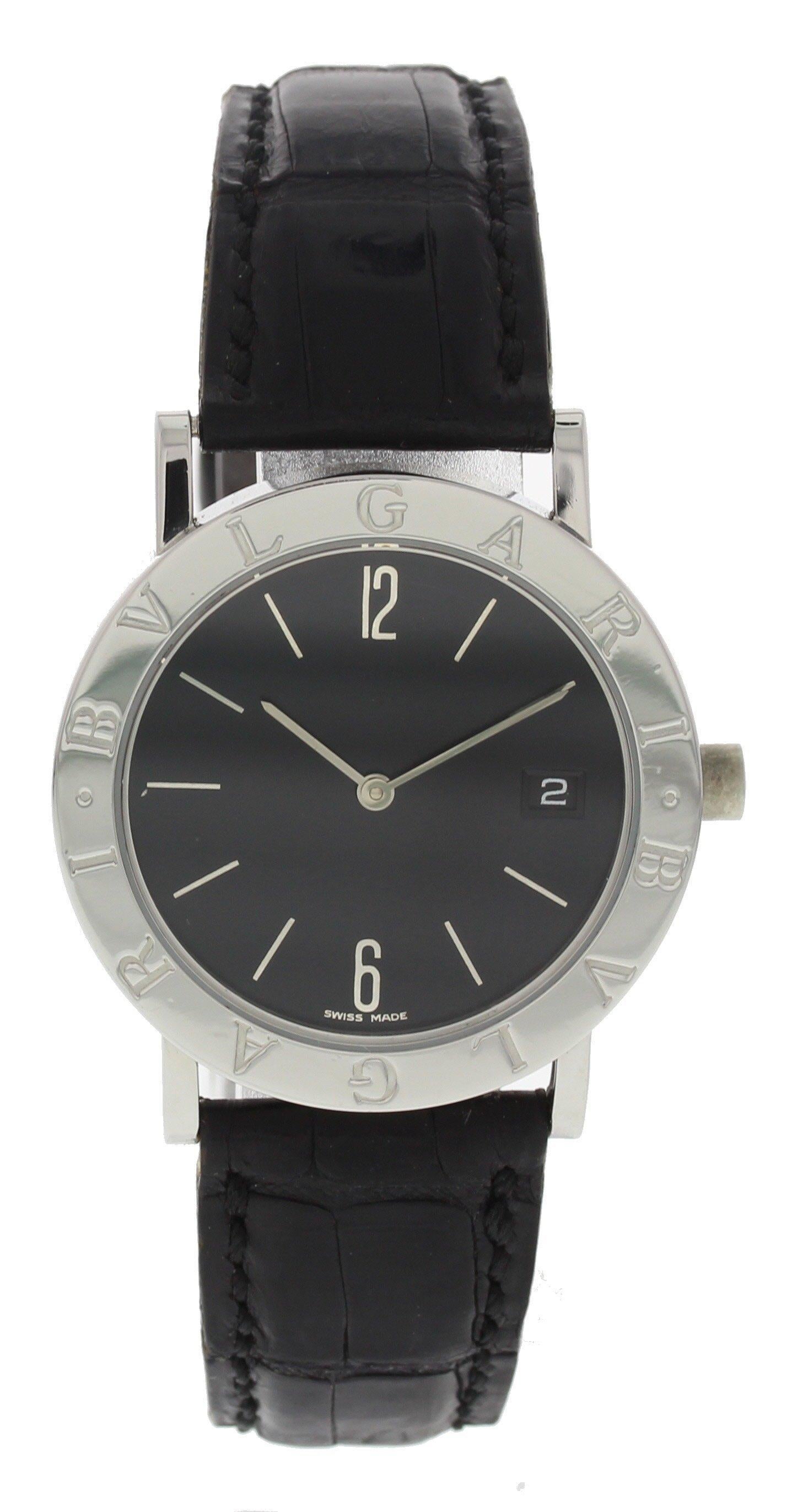 Bvlgari BB 33 SLD Stainless Steel Watch. 33 mm stainless steel case with BVLGARI engraving. Black dial with steel hands. Date display. Original Bvlgari black leather band with a stainless steel buckle. Sapphire crystal glass. Quartz battery