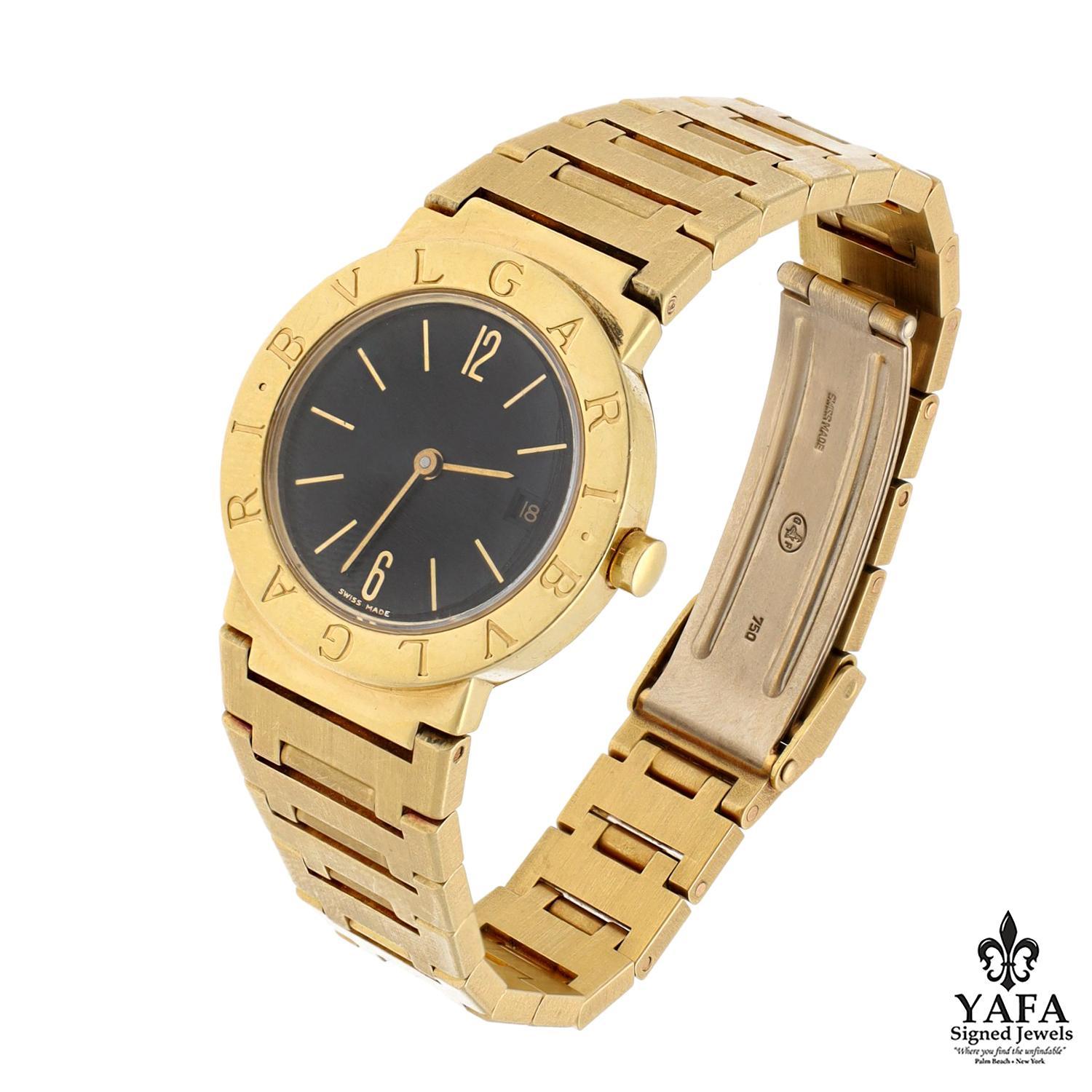 Basic Information﻿
- Brand: Bvlgari
- Model: BB26GGD
- Reference number: 
- Movement: Quartz
Complications  - Date
- Case Size: 26mm
- Dial: Black
- Case Material: 18K Yellow Gold
- Bracelet Material: 18K Yellow Gold
- Approximate Year of
