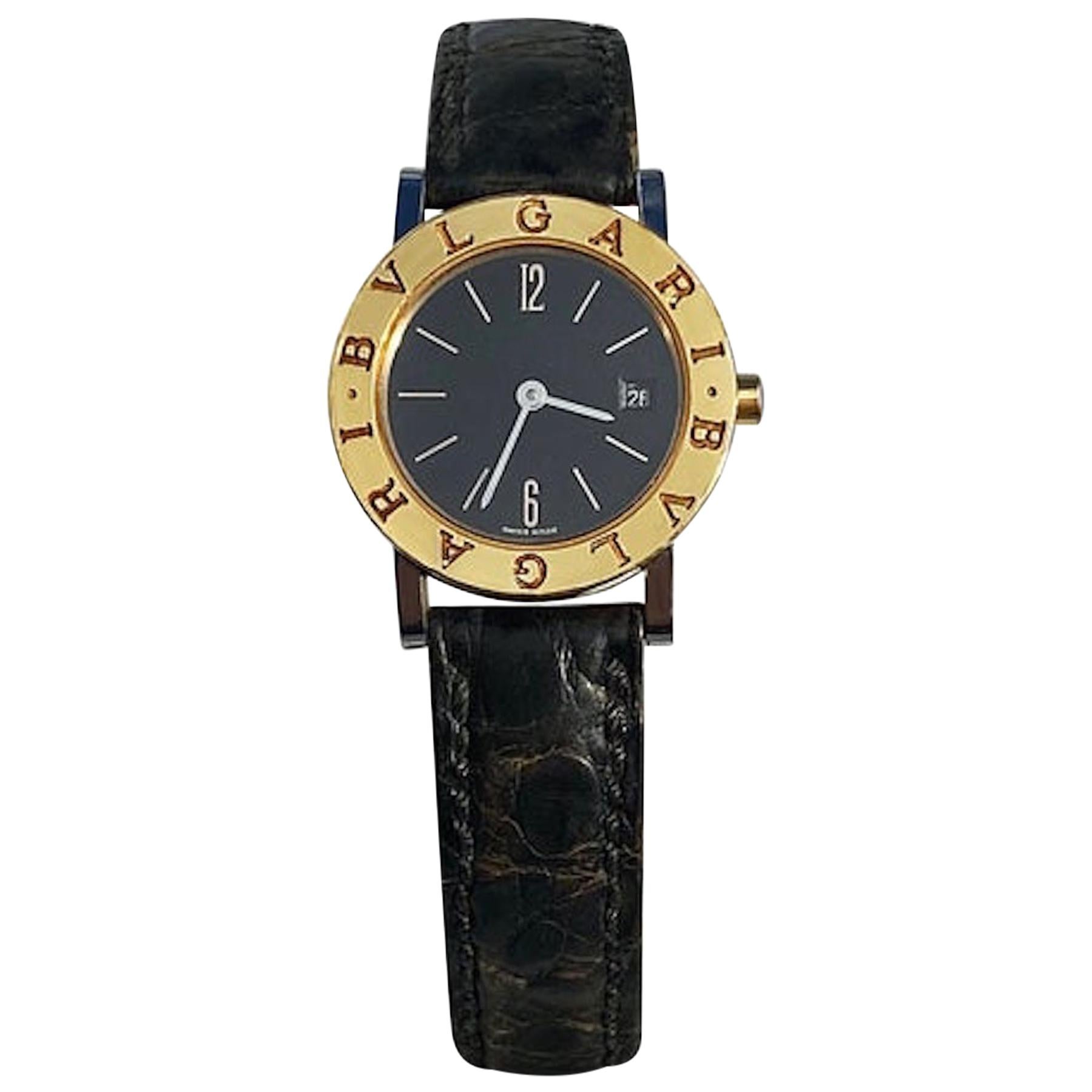 Bvlgari BB26 SLG Gold Dial Black Leather Strap Watch