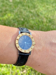 Bvlgari BB26 SLG Gold Dial Black Leather Strap Watch Unisex Bvlgari Wristwatch