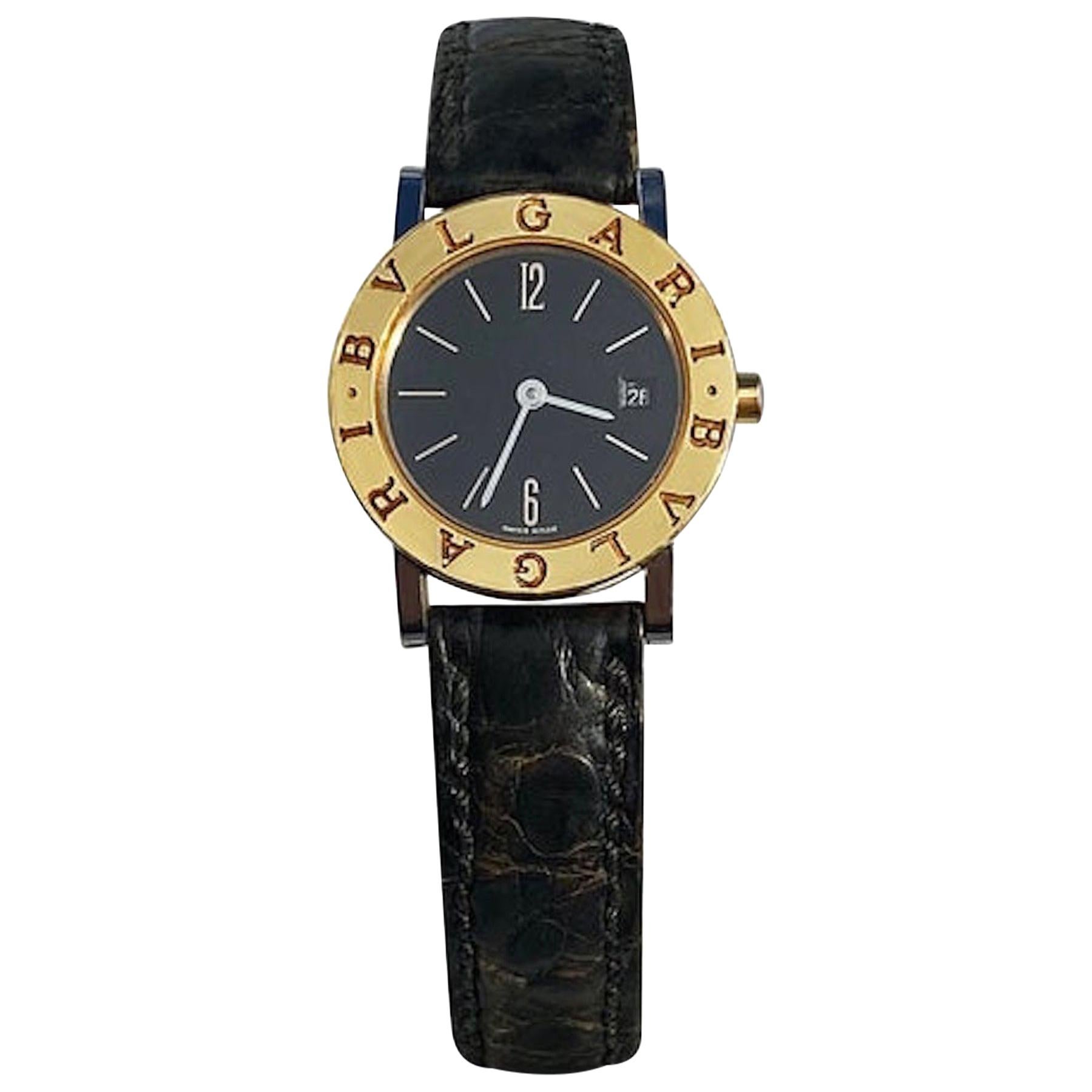 Bvlgari BB26 SLG Gold Dial Black Leather Strap Watch Unisex Bvlgari Wristwatch