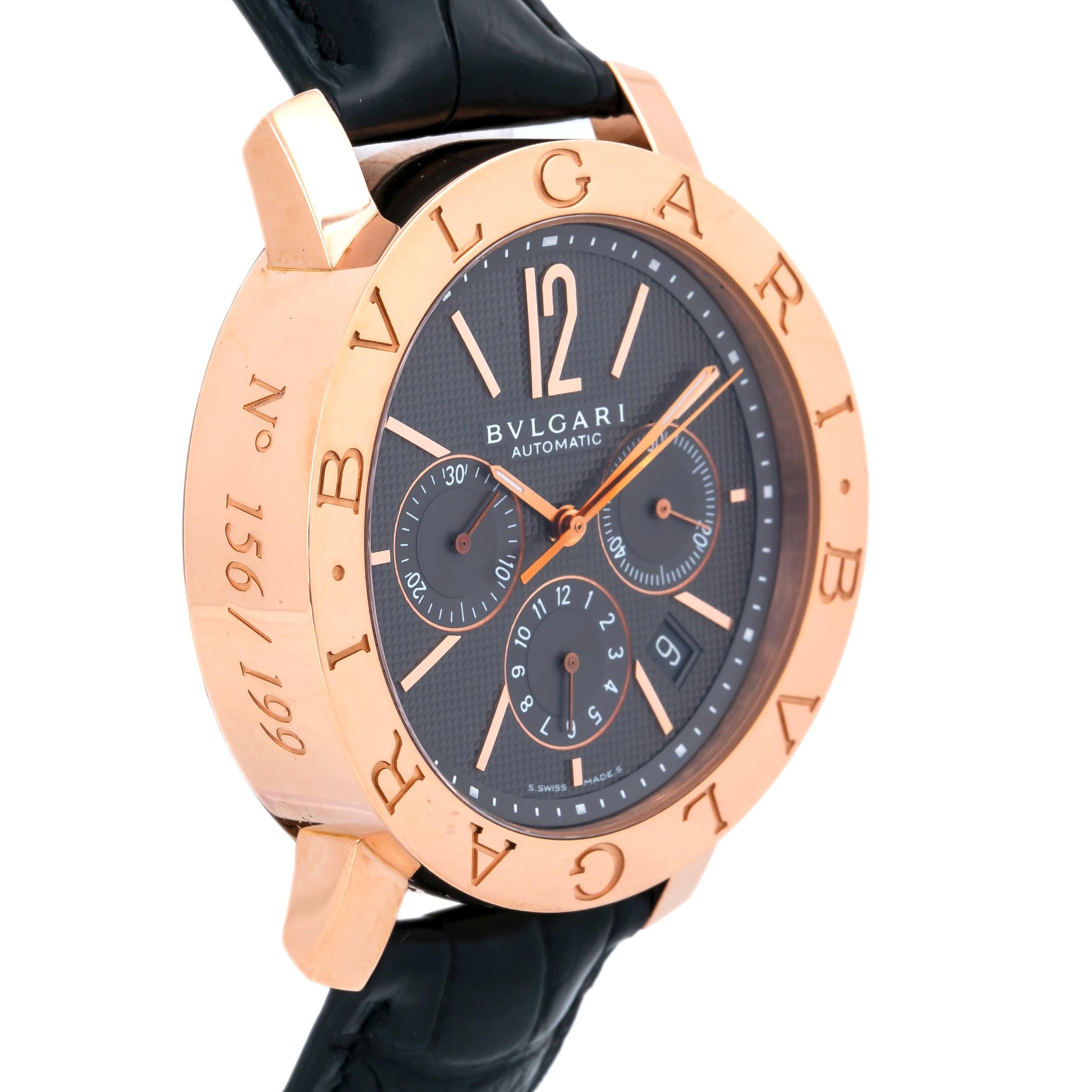 Contemporary Bvlgari BBP42GLCH Limited Gray Dial Automatic 18K Rose Gold Box & Paper For Sale