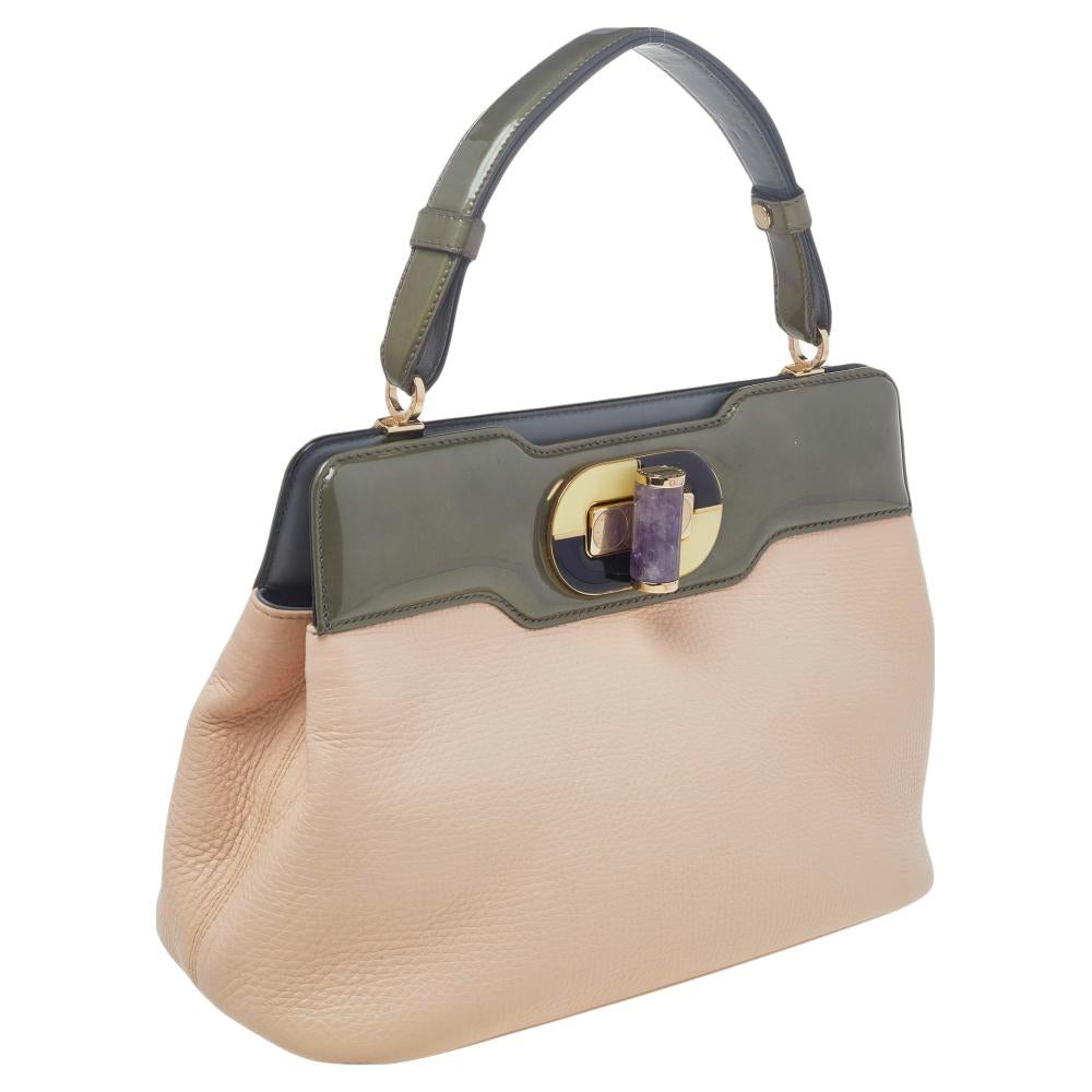 Bvlgari Beige/Grey Leather Isabella Rossellini Top Handle Bag In Good Condition In Dubai, Al Qouz 2