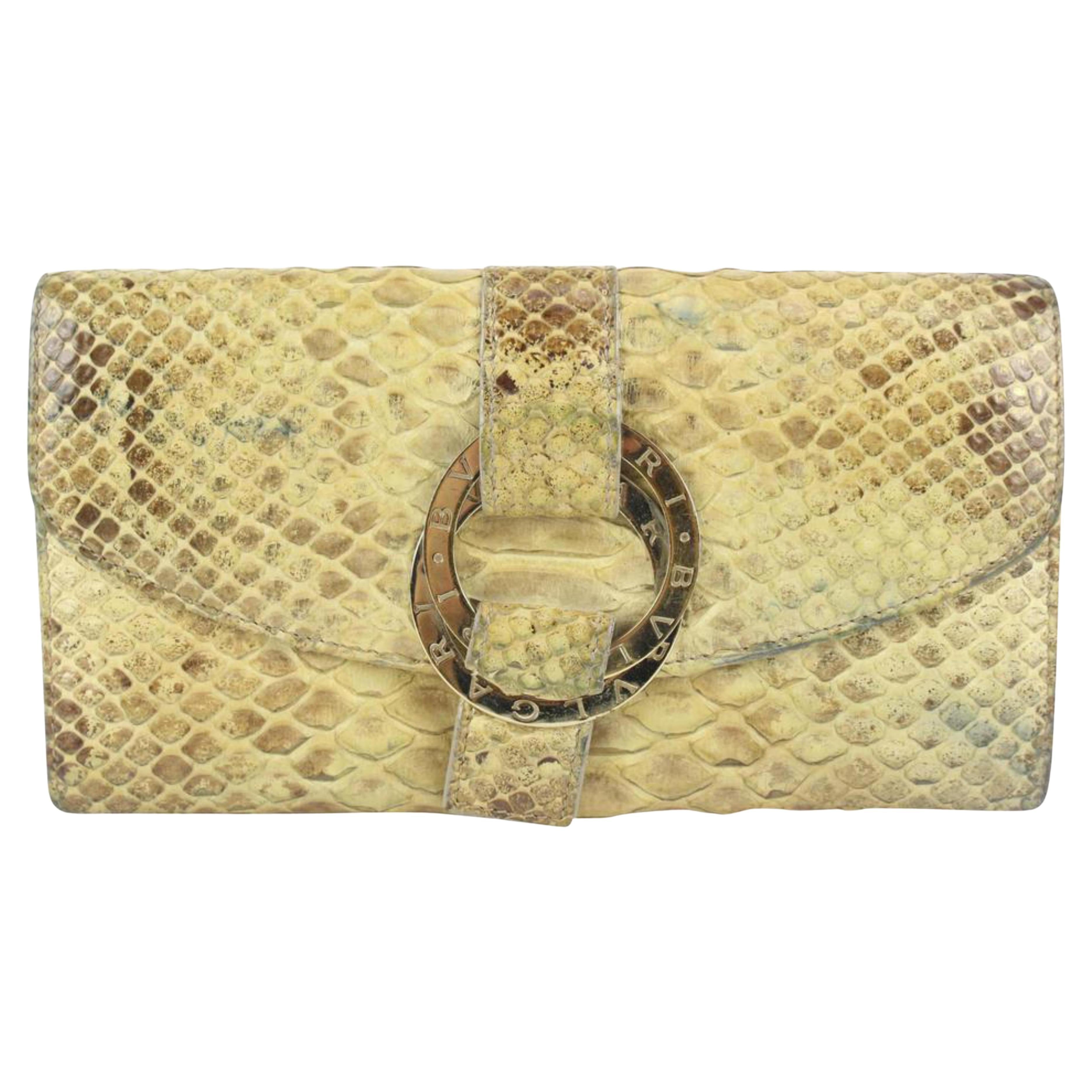 BVLGARI Beige-Yellow Python Flap Wallet 1216bvl43 For Sale