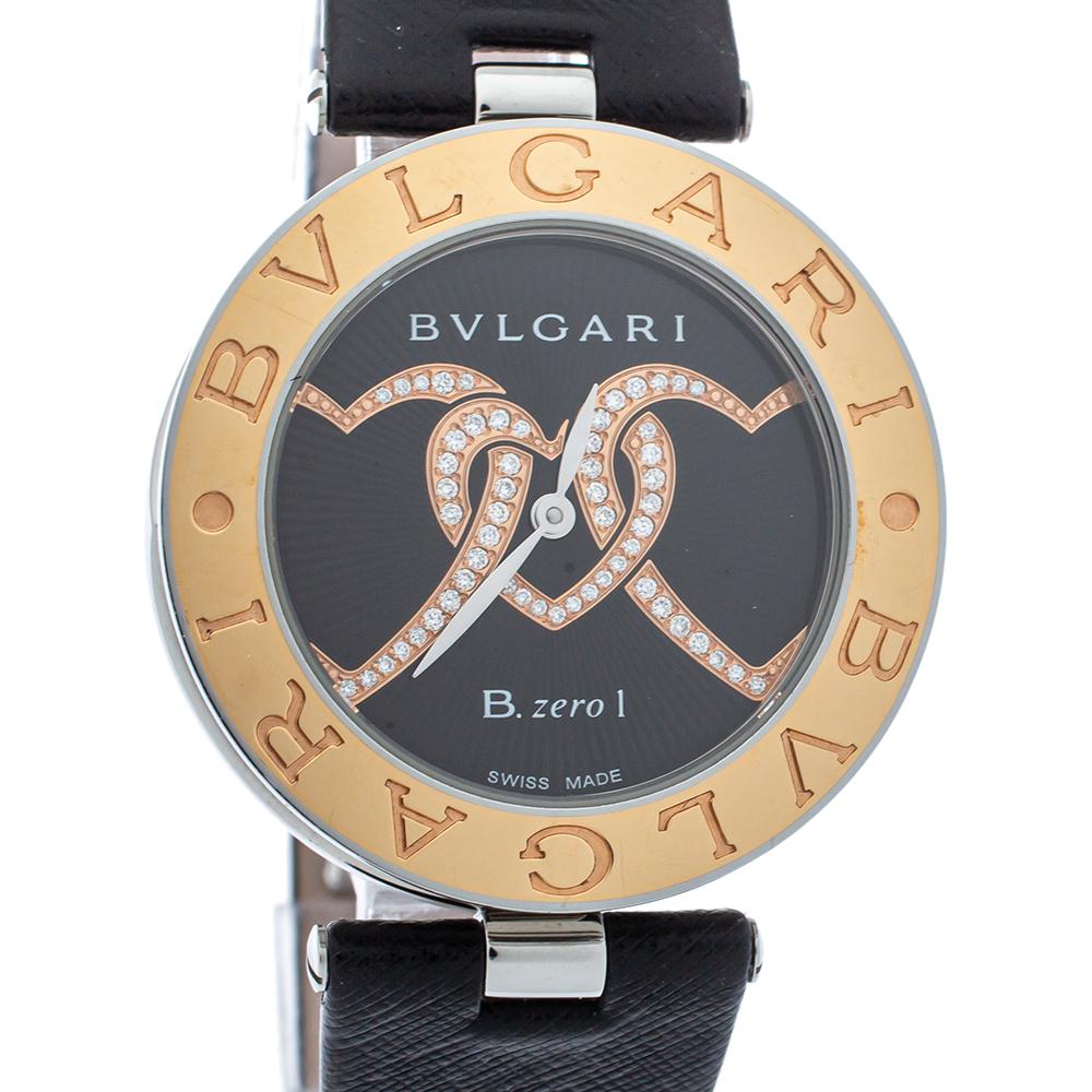 Uncut Bvlgari Black 18K Gold Leather Diamonds B.Zero1 S Quartz Women's Wristwatch 35MM