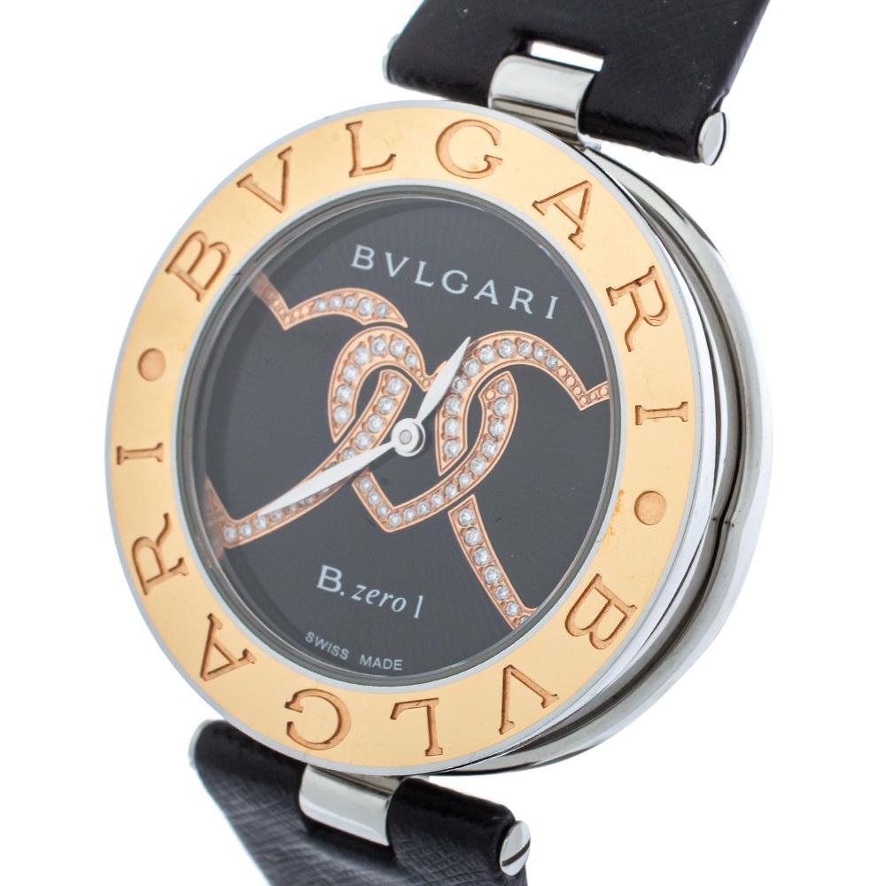 Bvlgari Black 18K Gold Leather Diamonds B.Zero1 S Quartz Women's Wristwatch 35MM In Good Condition In Dubai, Al Qouz 2