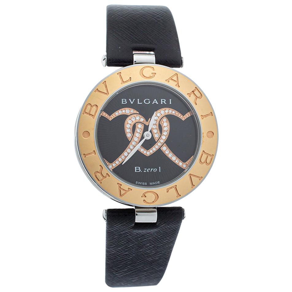 Bvlgari Black 18K Gold Leather Diamonds B.Zero1 S Quartz Women's Wristwatch 35MM
