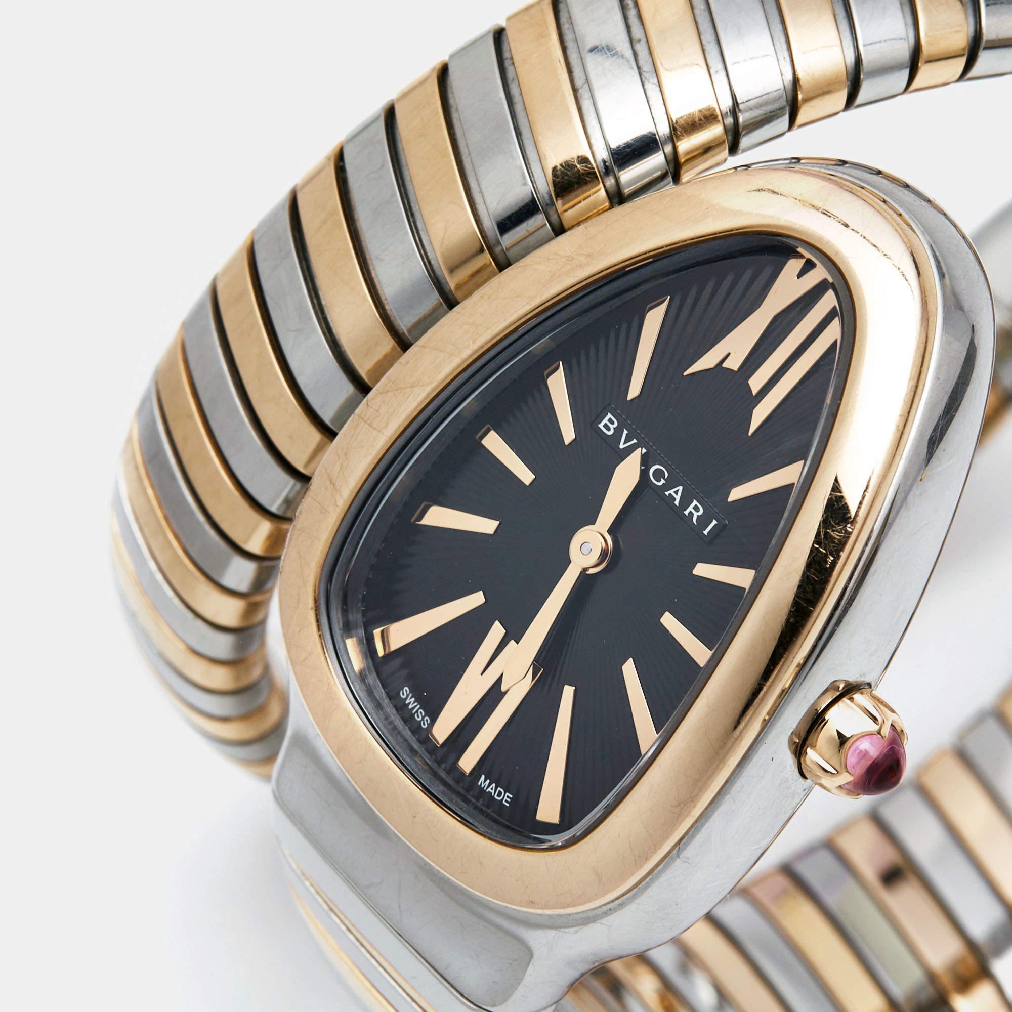 With a tasteful and decadent design, this stunning Bvlgari Serpenti Tubogas wristwatch is a beauty. The spiraled stainless steel and 18k rose gold body has its ends designed as the head and tail of a serpent. Wearable and glamorous, the flexible