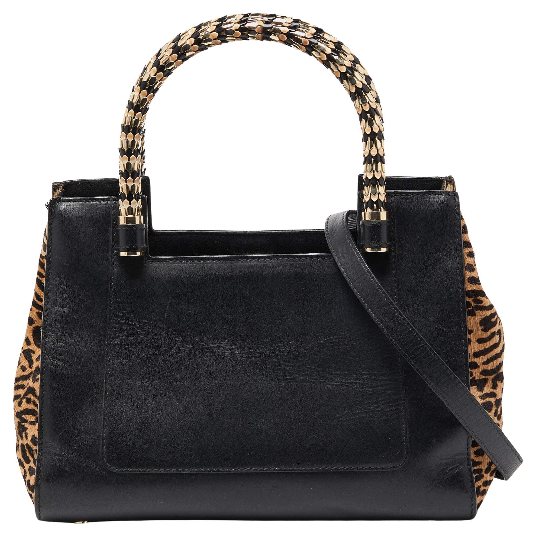 Bvlgari Black/Beige Leather and Calfhair Small Serpenti Scaglie Tote For Sale