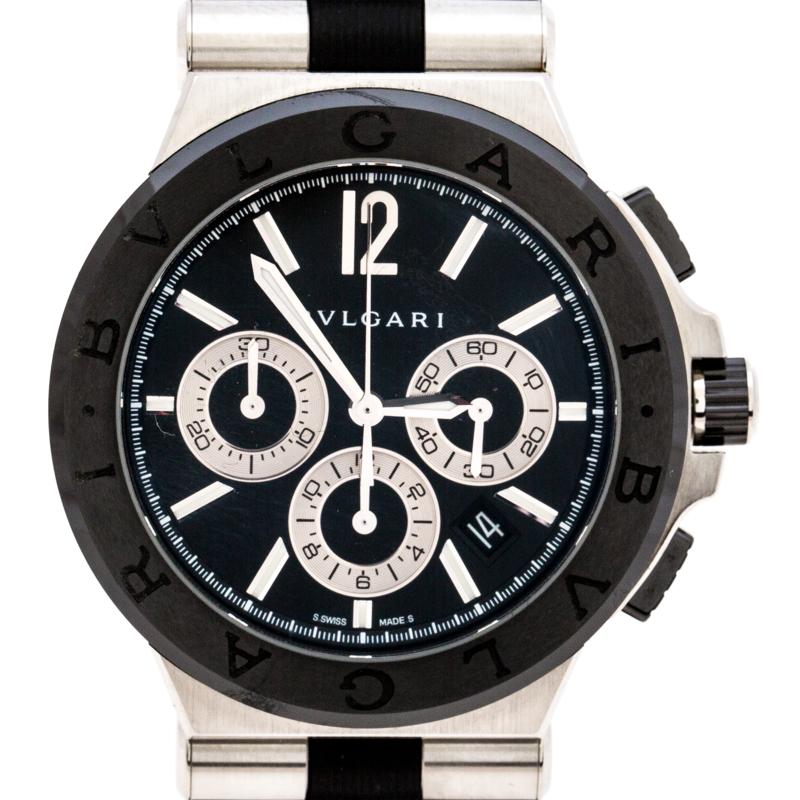 Contemporary Bvlgari Black Ceramic Steel Rubber Diagono DG42SCCH Men's Wristwatch 42 mm