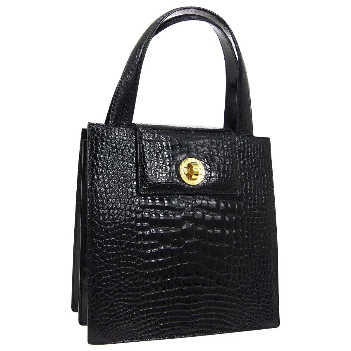 Bvlgari Black Crocodile Exotic Gold Kelly Top Handle Satchel Shoulder Bag