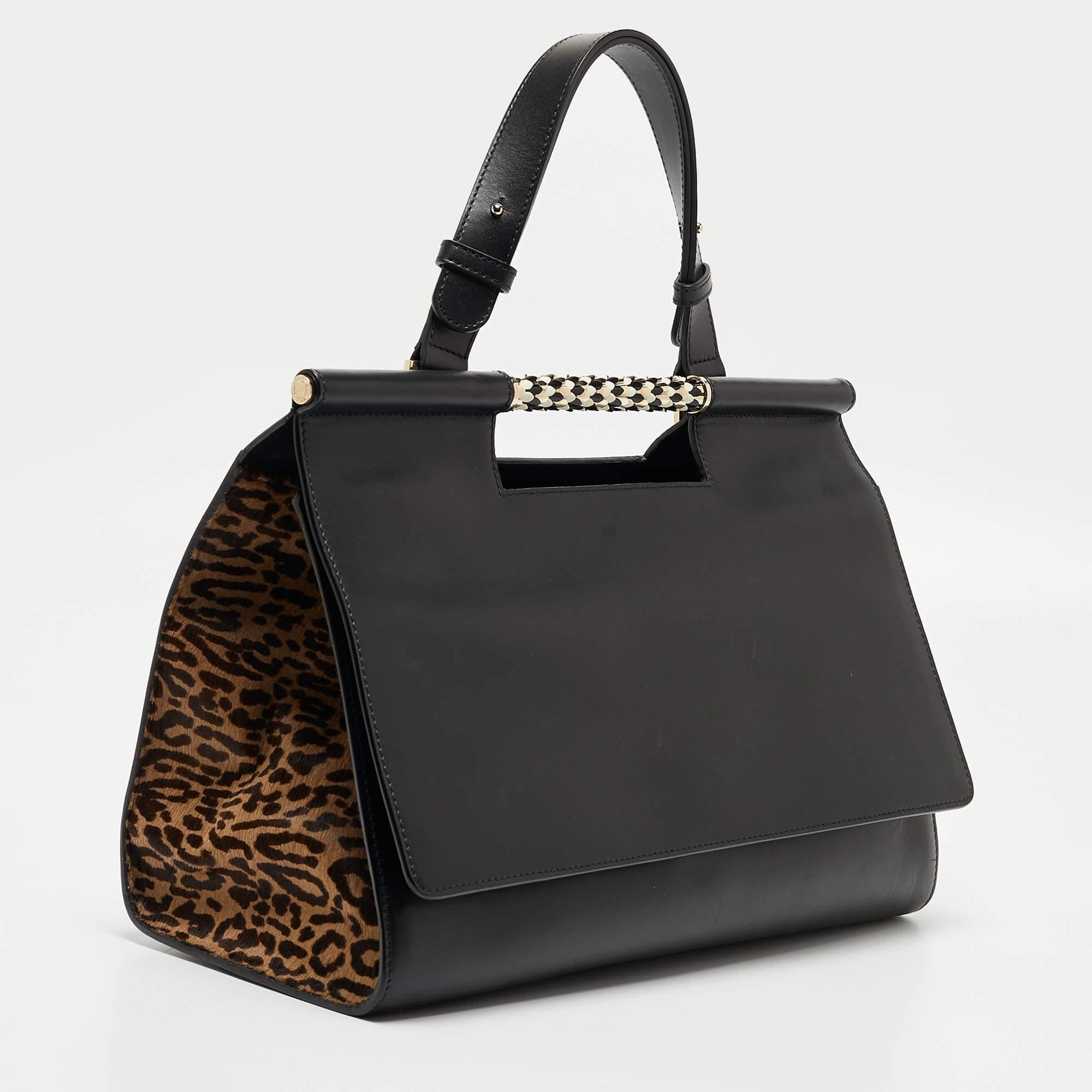 Bvlgari Black Leather and Leopard Print Calfhair Scaglie Serpenti Tote For Sale 2