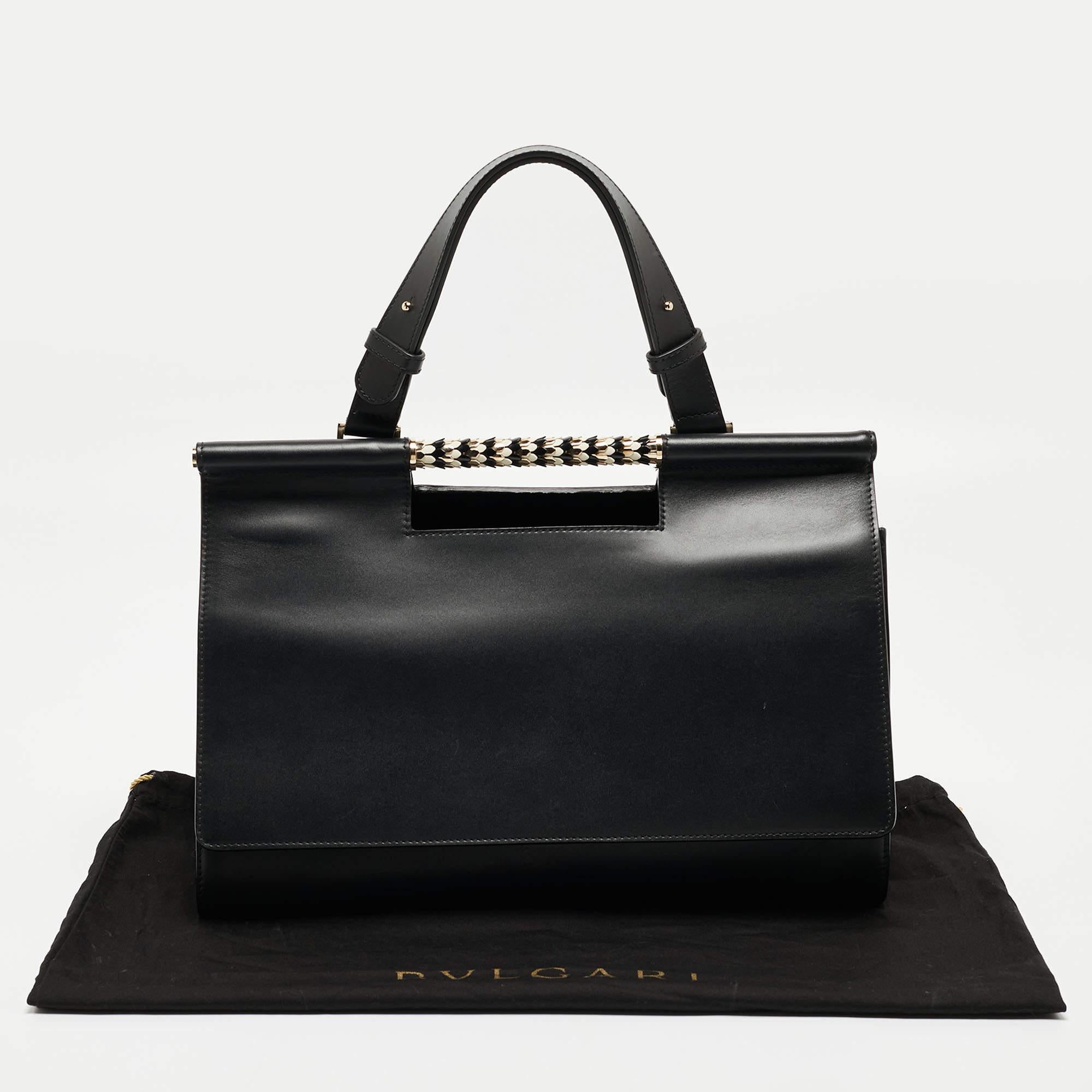 Bvlgari Black Leather and Leopard Print Calfhair Scaglie Serpenti Tote 5
