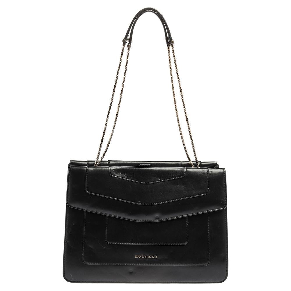 Women's Bvlgari Black Leather Serpenti Forever Double Flap Shoulder Bag