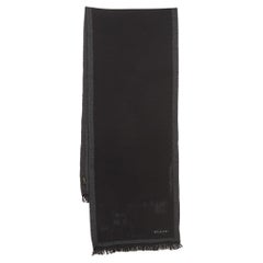 Bvlgari Black Logo Embroidered Wool & Cashmere Fringed Scarf