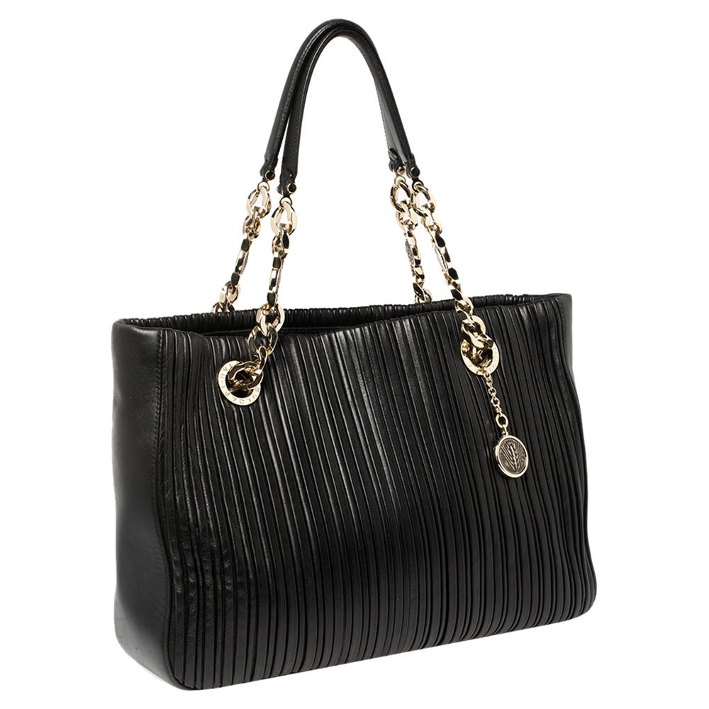 Bvlgari Schwarzes Nappaleder Monte Plisse Shopper Tote Damen