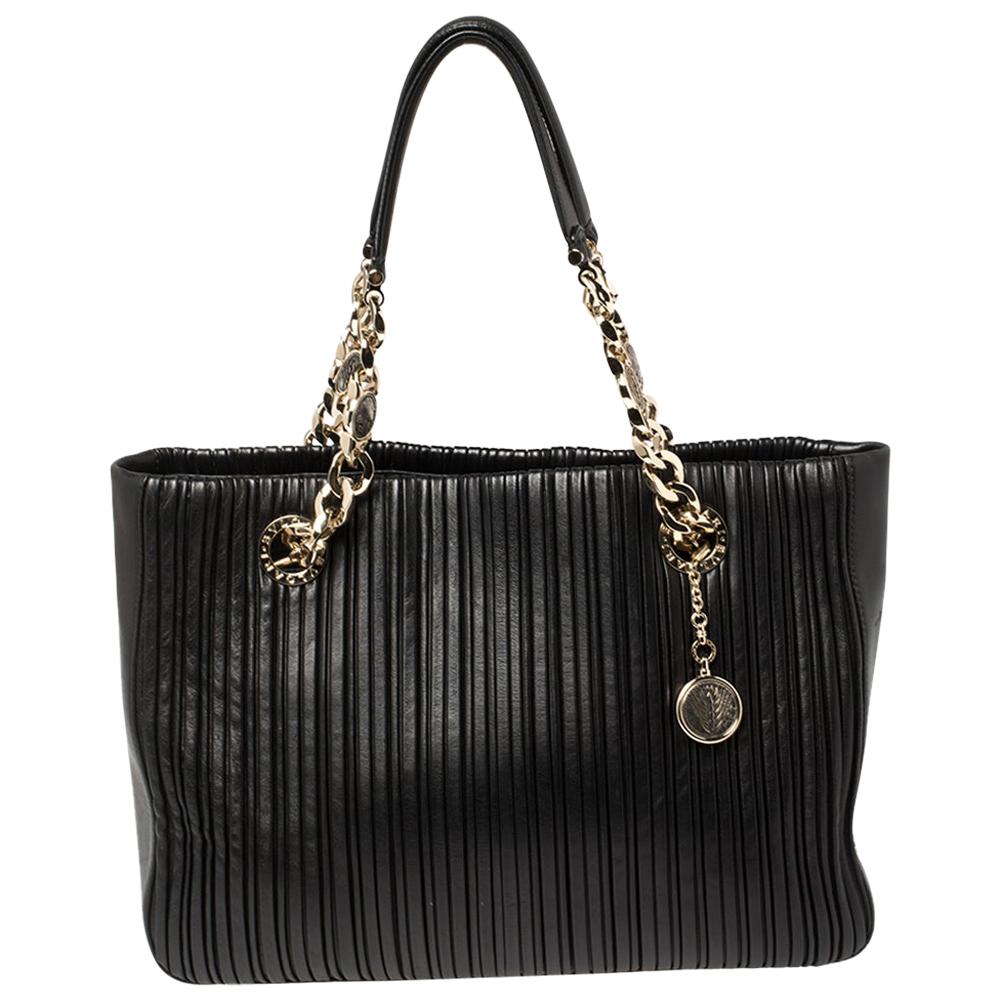 Bvlgari Black Nappa Leather Monte Plisse Shopper Tote