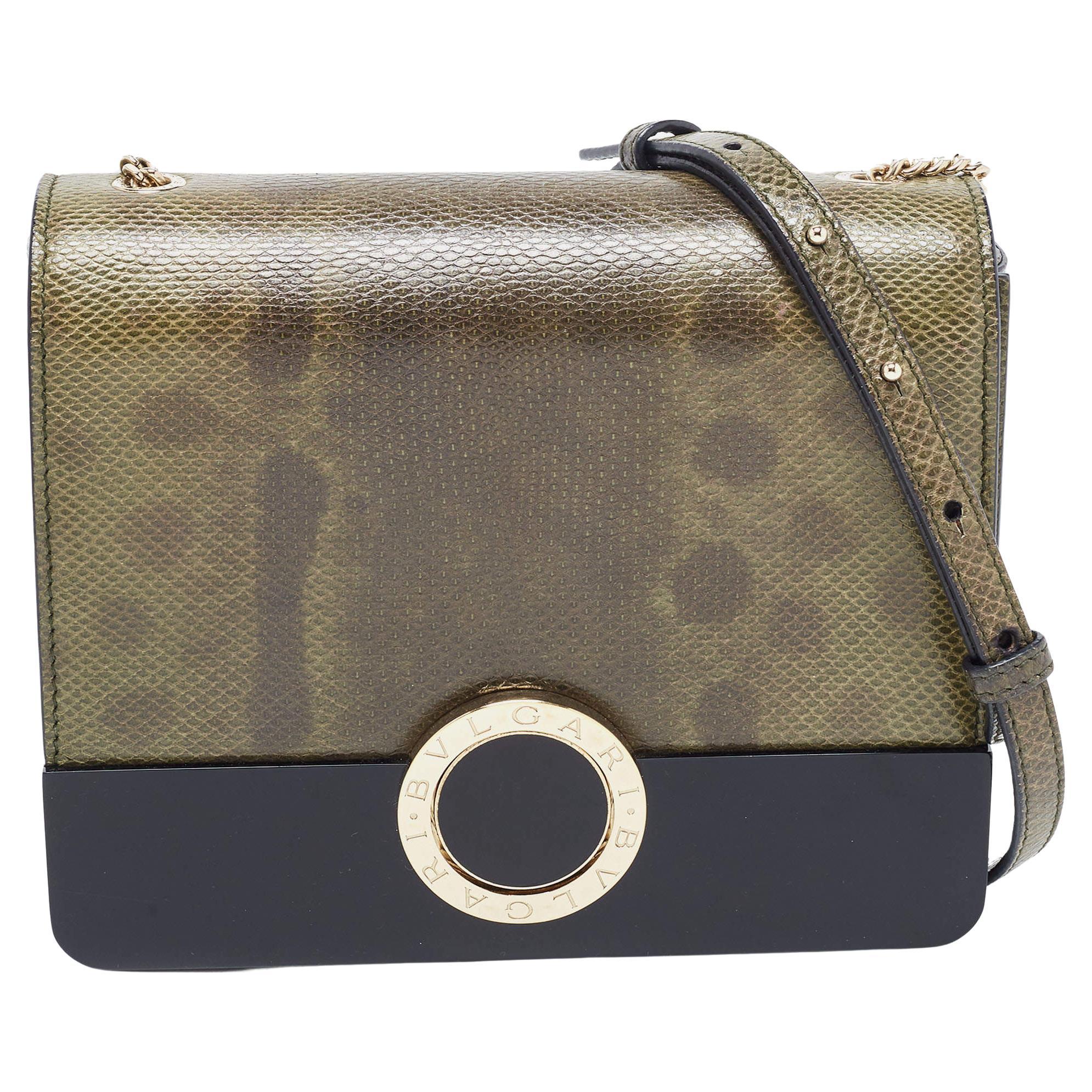 Bvlgari Black/Olive Green Karung and Perspex Small Flap Cover Shoulder Bag