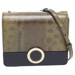 Used Bvlgari Black/Olive Green Karung and Perspex Small Flap Cover Shoulder Bag