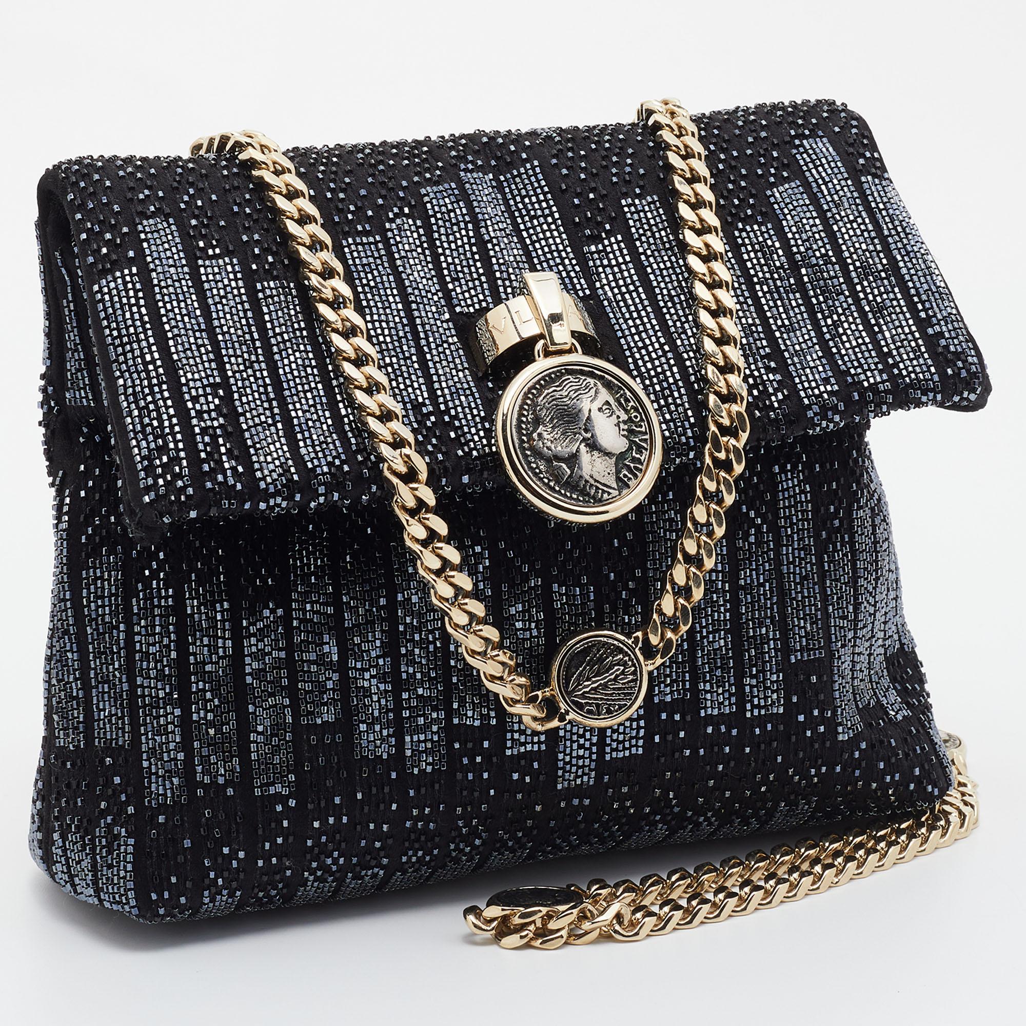 Bvlgari Black Satin Beads Embellished Monette Chain Shoulder Bag In Excellent Condition In Dubai, Al Qouz 2