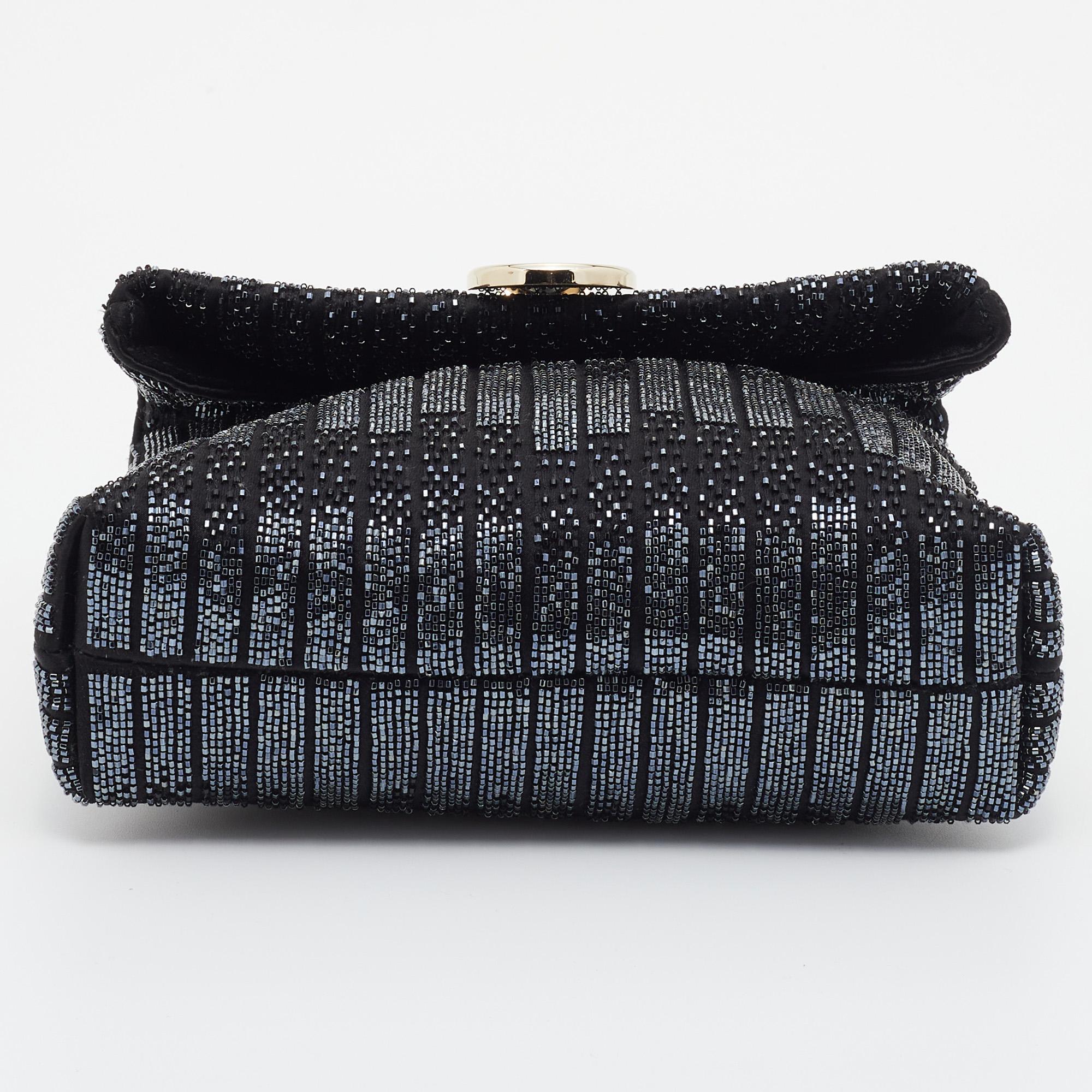 Women's Bvlgari Black Satin Beads Embellished Monette Chain Shoulder Bag