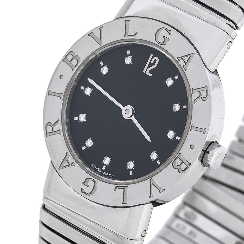 Made as a watch but designed to blend in as an exquisite piece of jewelry, this is a luxurious creation from Bvlgari. It has a stainless steel case with signature engravings on the bezel and on the black dial, there are stud hour markers, Arabic