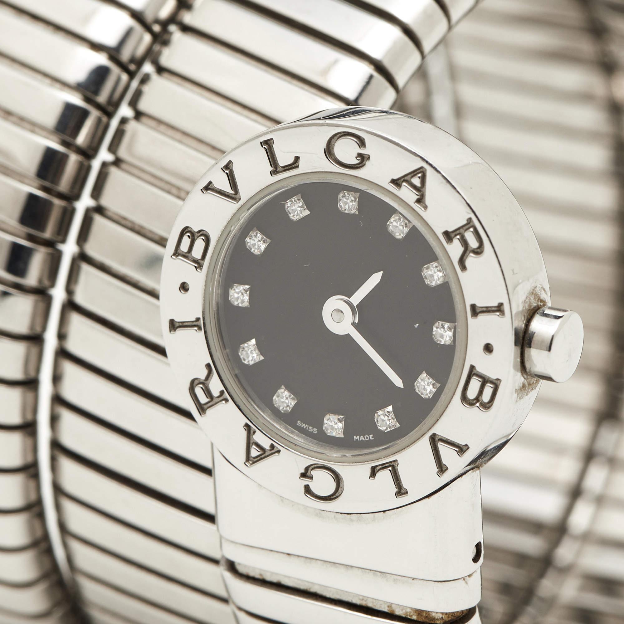 Contemporary Bvlgari Black Stainless Steel Diamonds Tubogas  Women's Wristwatch 19 mm