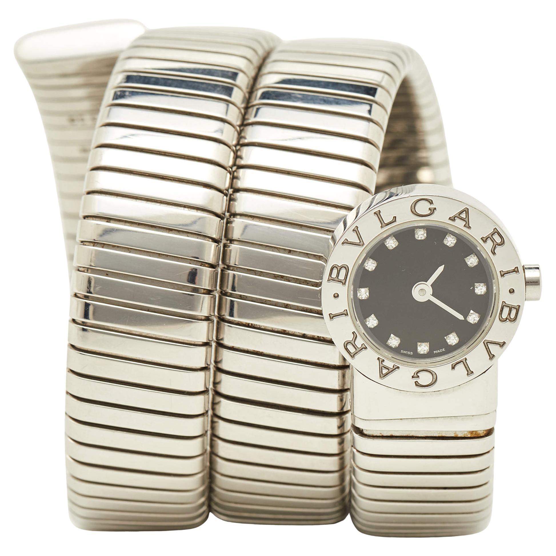Bvlgari Black Stainless Steel Diamonds Tubogas  Women's Wristwatch 19 mm