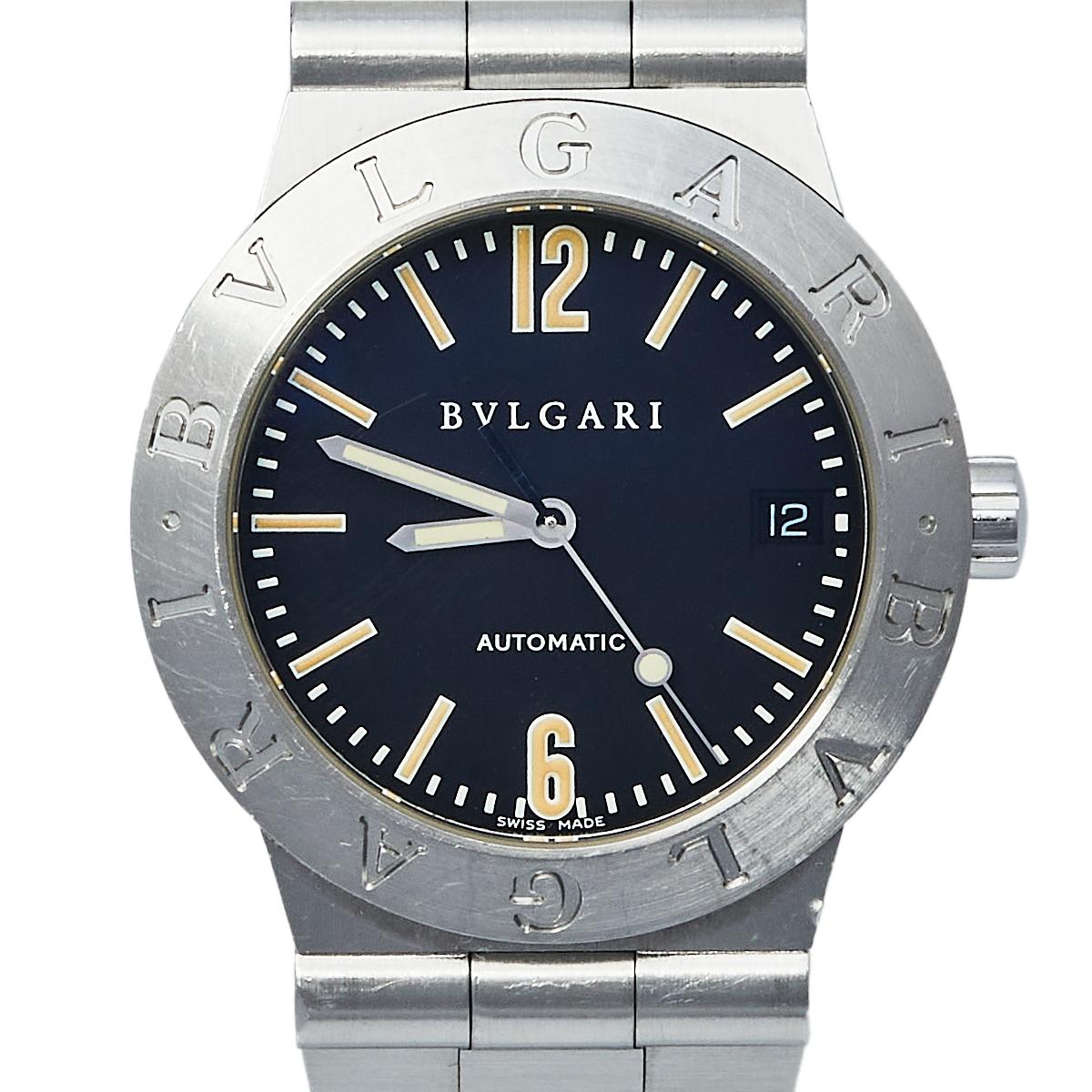 Contemporary Bvlgari Black Stainless Steel LC 35 S Diagono Automatic Men's Wristwatch 35 MM