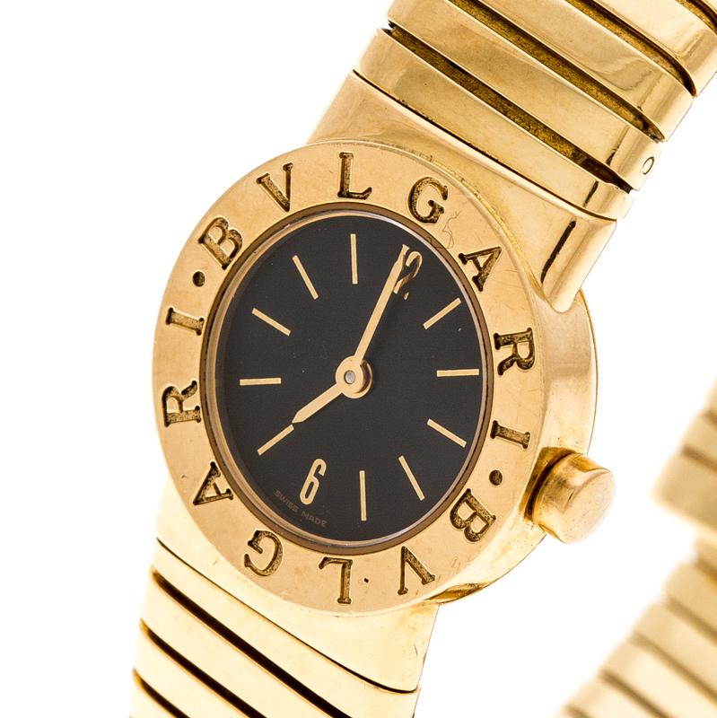 Made as a watch but designed to blend in as an exquisite piece of jewellery, this is a luxurious creation from Bvlgari. It has an 18K yellow gold case with signature engravings on the bezel, there are stick hour markers, Arabic numerals of 12 and 6
