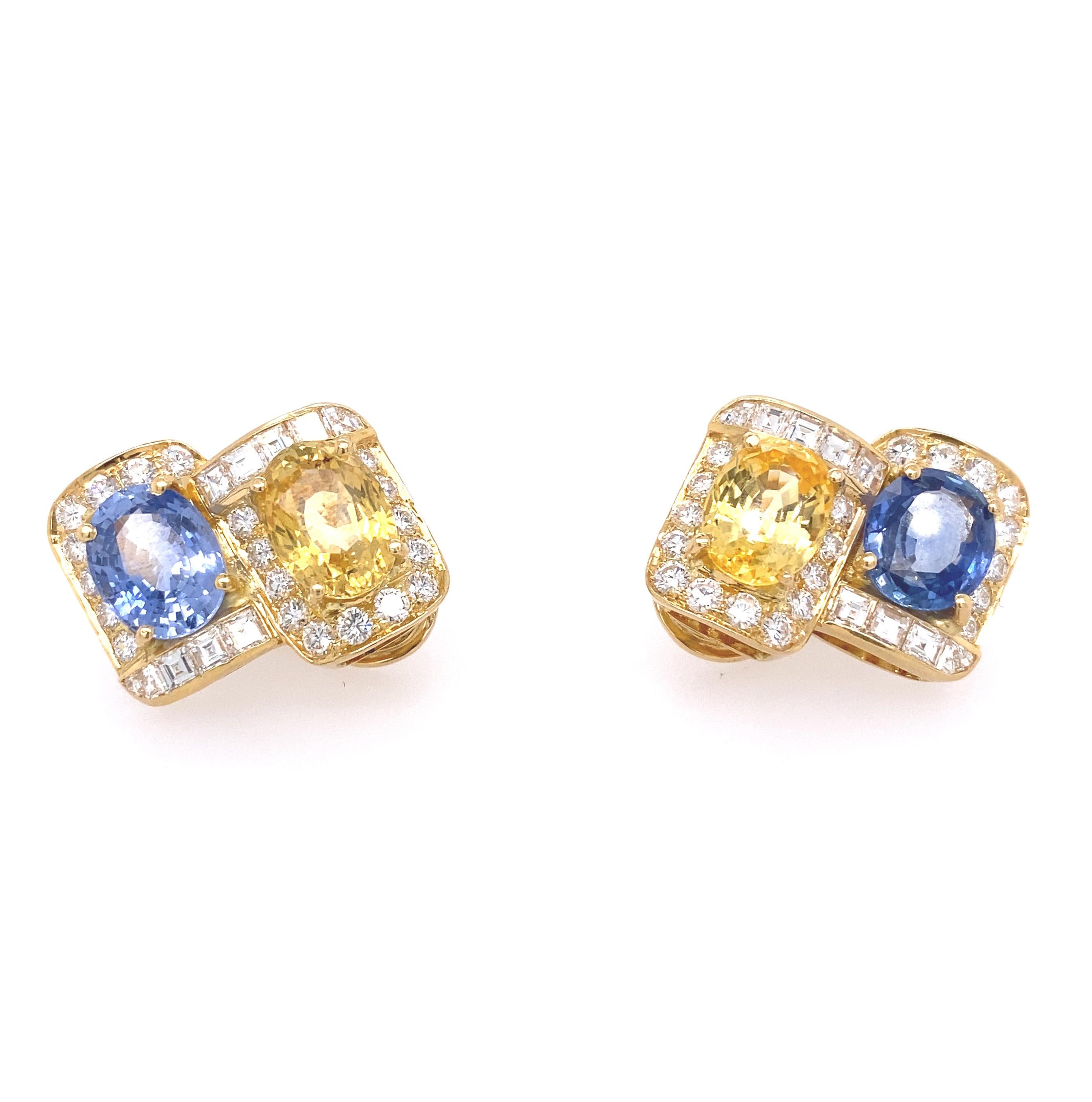 Bvlgari Blue and Yellow Sapphire Diamond earrings with approximately 4- 5 cts of diamonds and about 12 cts of sapphire.
Total weight 13.6 dwt  Measurements 19.11 mm x  22.23 mm 
