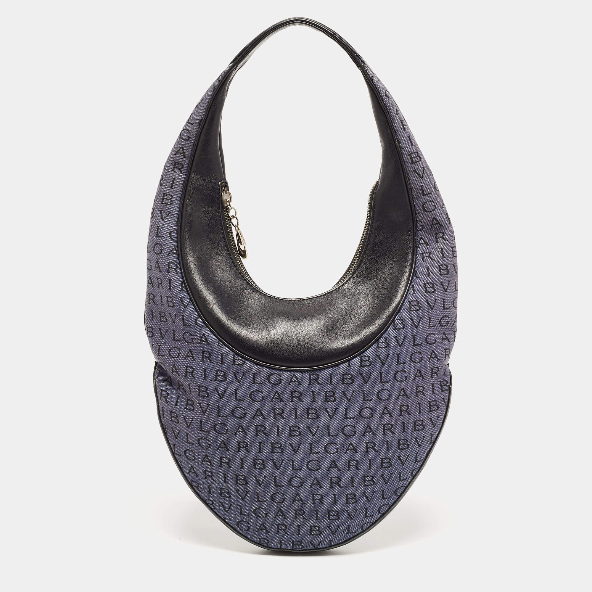 Bvlgari Blue/Black Denim and Leather Mania Hobo For Sale 8