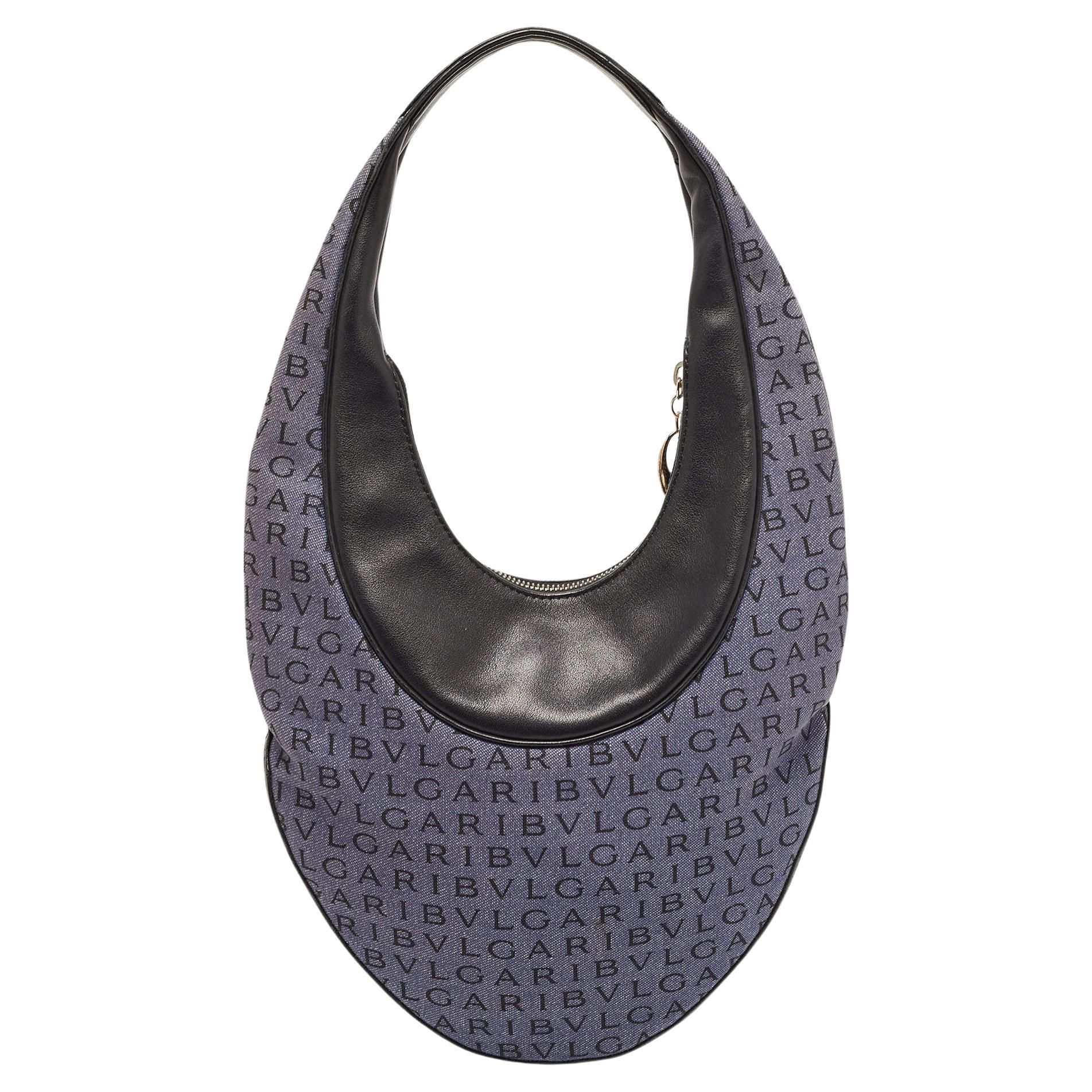 Bvlgari Blue/Black Denim and Leather Mania Hobo For Sale