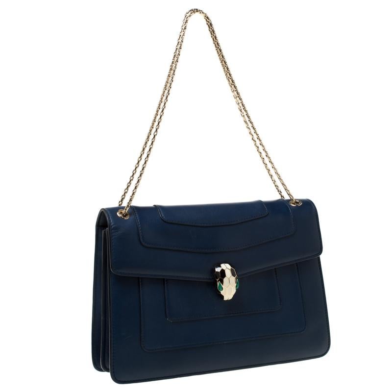 Bvlgari Blue Leather Medium Serpenti Forever Flap Shoulder Bag In Good Condition In Dubai, Al Qouz 2