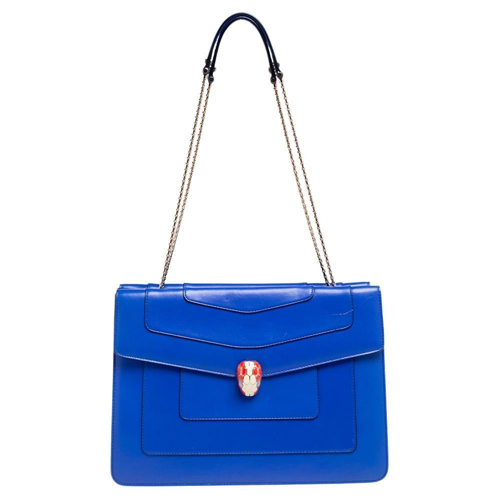 Bvlgari Blue Leather Serpenti Forever Double Flap Shoulder Bag