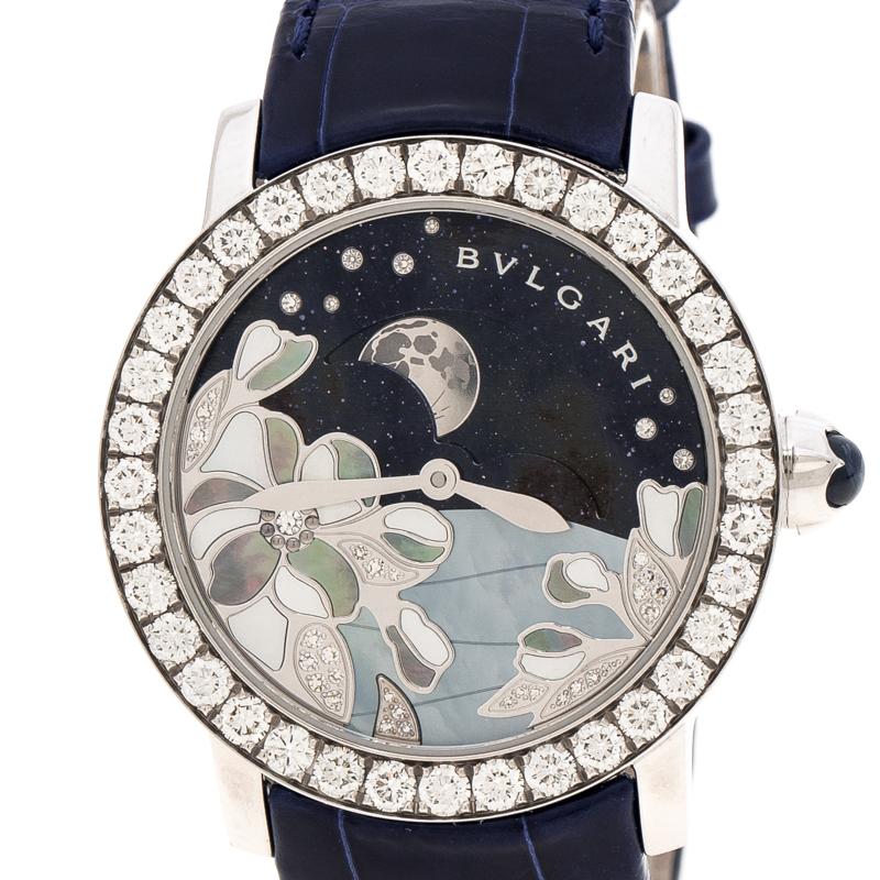 Contemporary Bvlgari Blue Mother of Pearl 18K White Gold and Diamonds Decorated BBW37GMP Wome