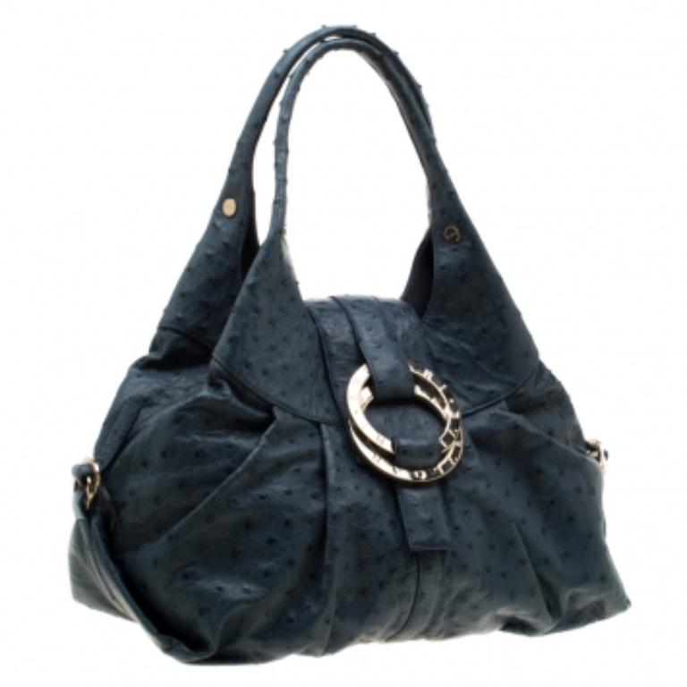 Bvlgari Blue Ostrich Chandra Hobo en vente 4