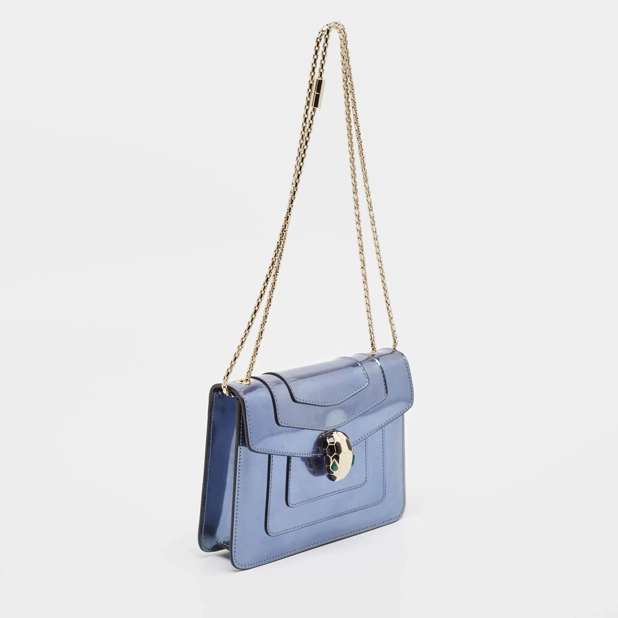 Gray Bvlgari Blue Patent Leather Small Serpenti Forever Shoulder Bag For Sale