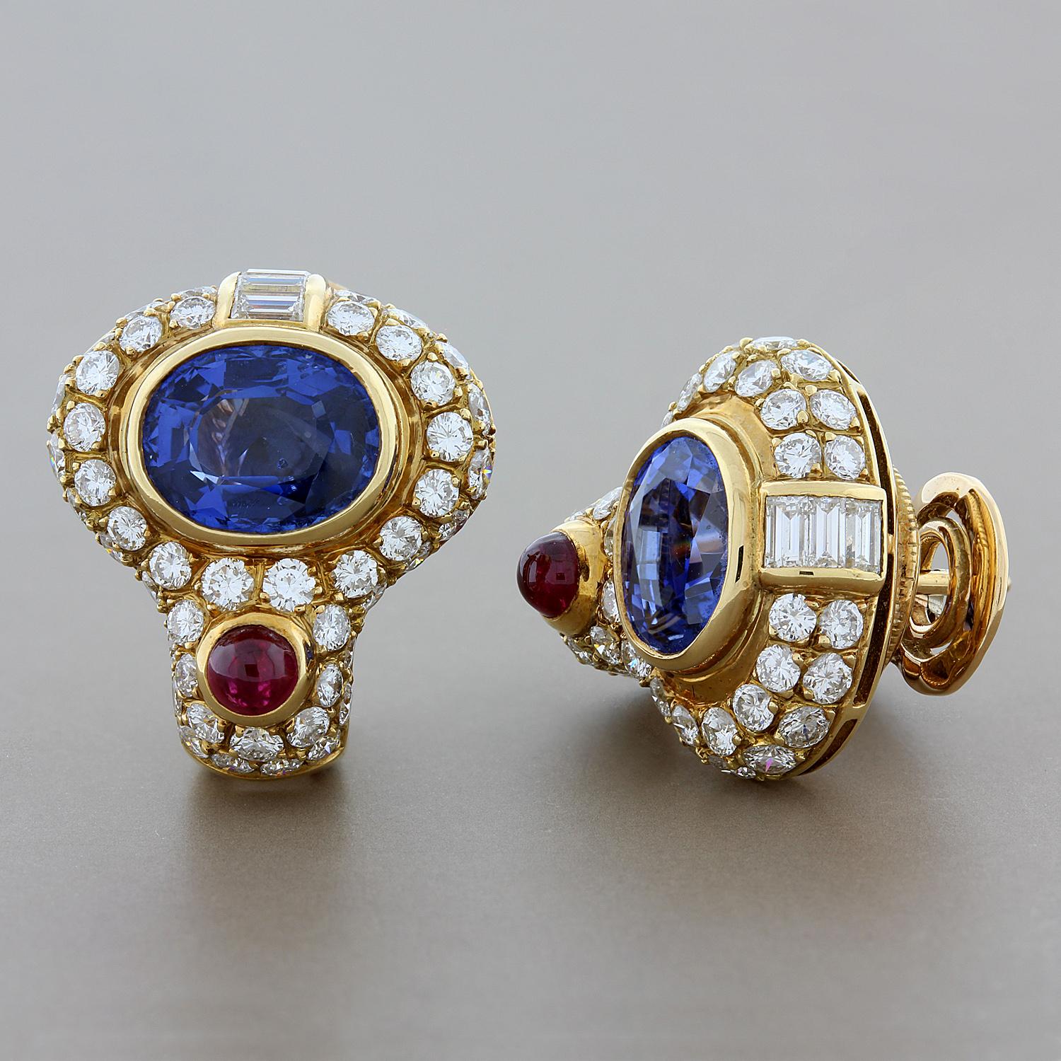 It's hard to resist the superb quality of these Bvlgari earrings. They feature 4.80 carats of natural blue oval sapphires, 0.30 carats of round cabochon red rubies and 3.16 carats of VS quality colorless round and baguette cut diamonds. Set in 18K