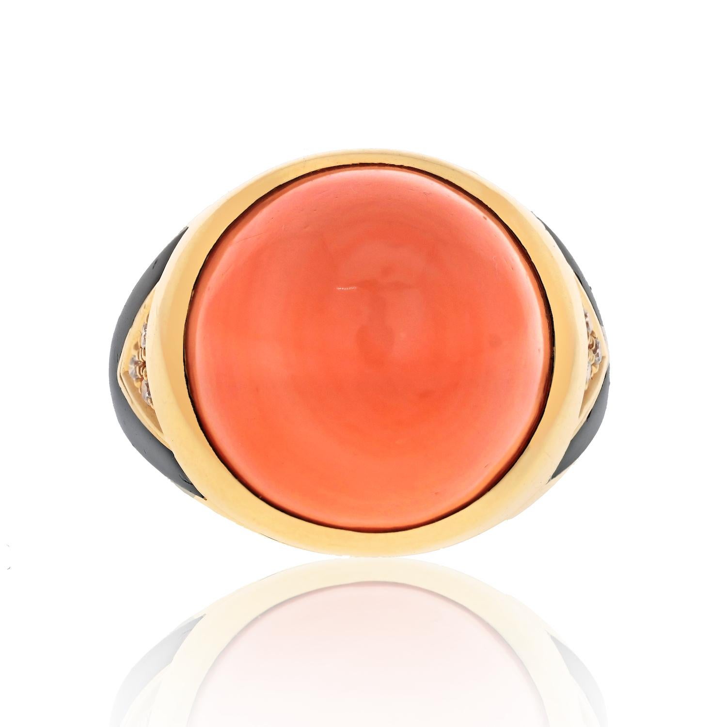 Elevate your style with our estate Bvlgari 18K Yellow Gold Coral Pyramid Ring, a true masterpiece of design and craftsmanship. This exquisite ring is a testament to Bvlgari's legacy of blending elegance with innovation.

Crafted from radiant 18K