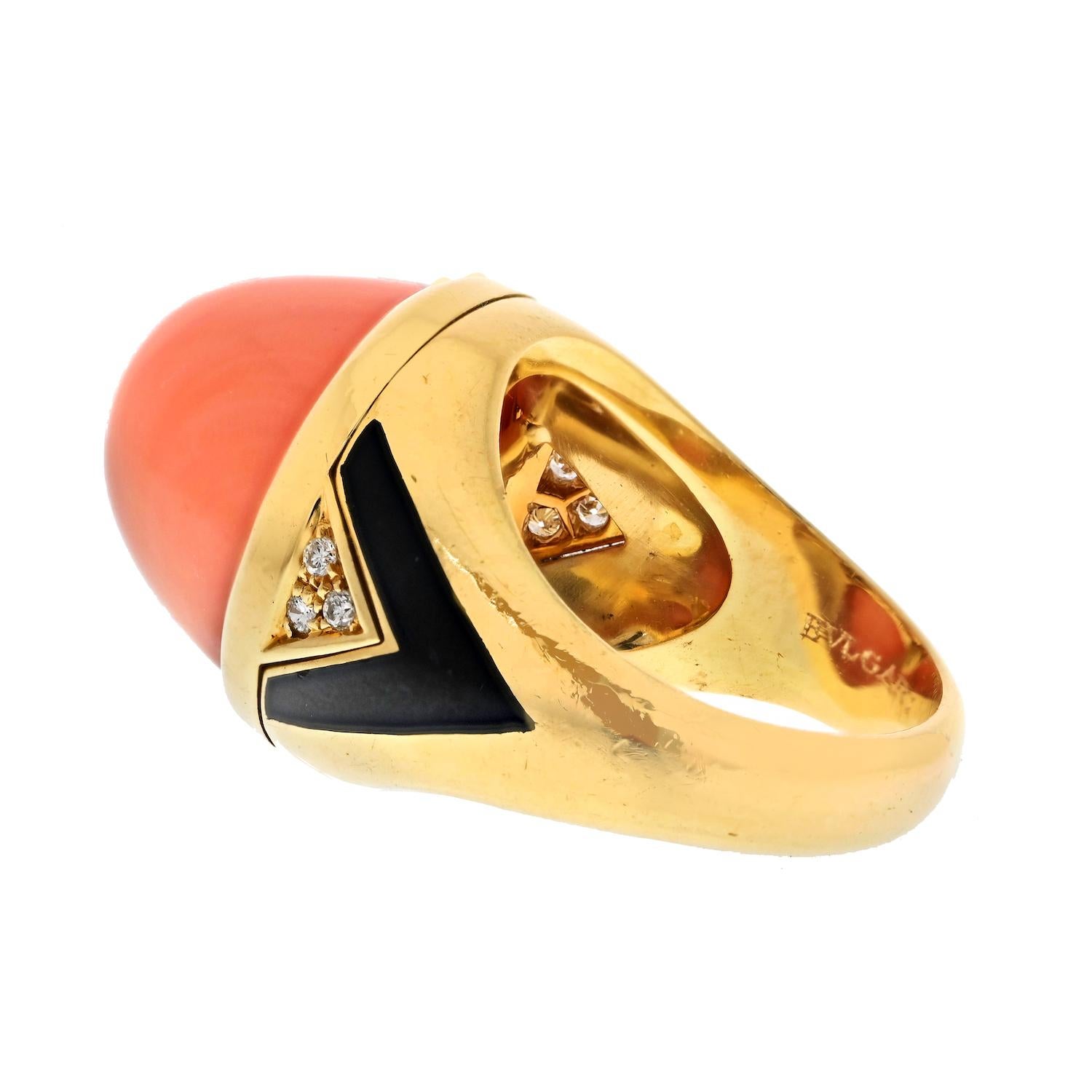 Cabochon Bvlgari Bombe 18k Yellow Gold Polished Coral Enamel Ring For Sale