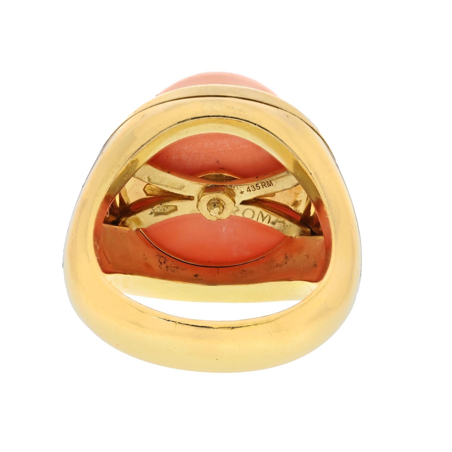 Bvlgari Bombe 18k Yellow Gold Polished Coral Enamel Ring In Excellent Condition For Sale In New York, NY