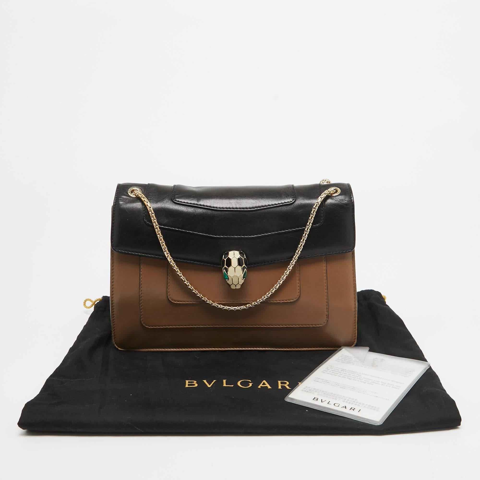 Bvlgari Brown/Black Leather Medium Serpenti Forever Flap Bag For Sale 12