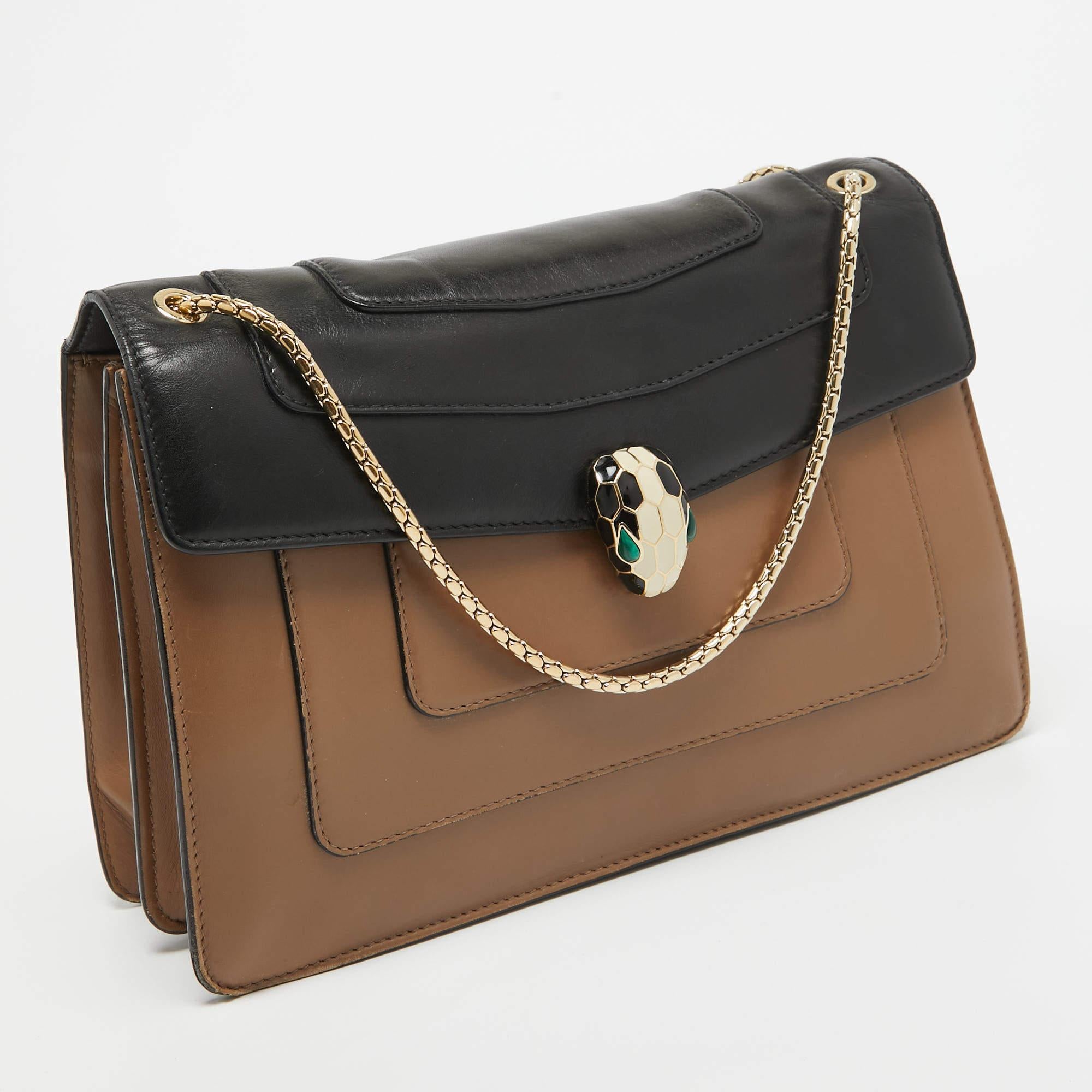 Women's Bvlgari Brown/Black Leather Medium Serpenti Forever Flap Bag For Sale
